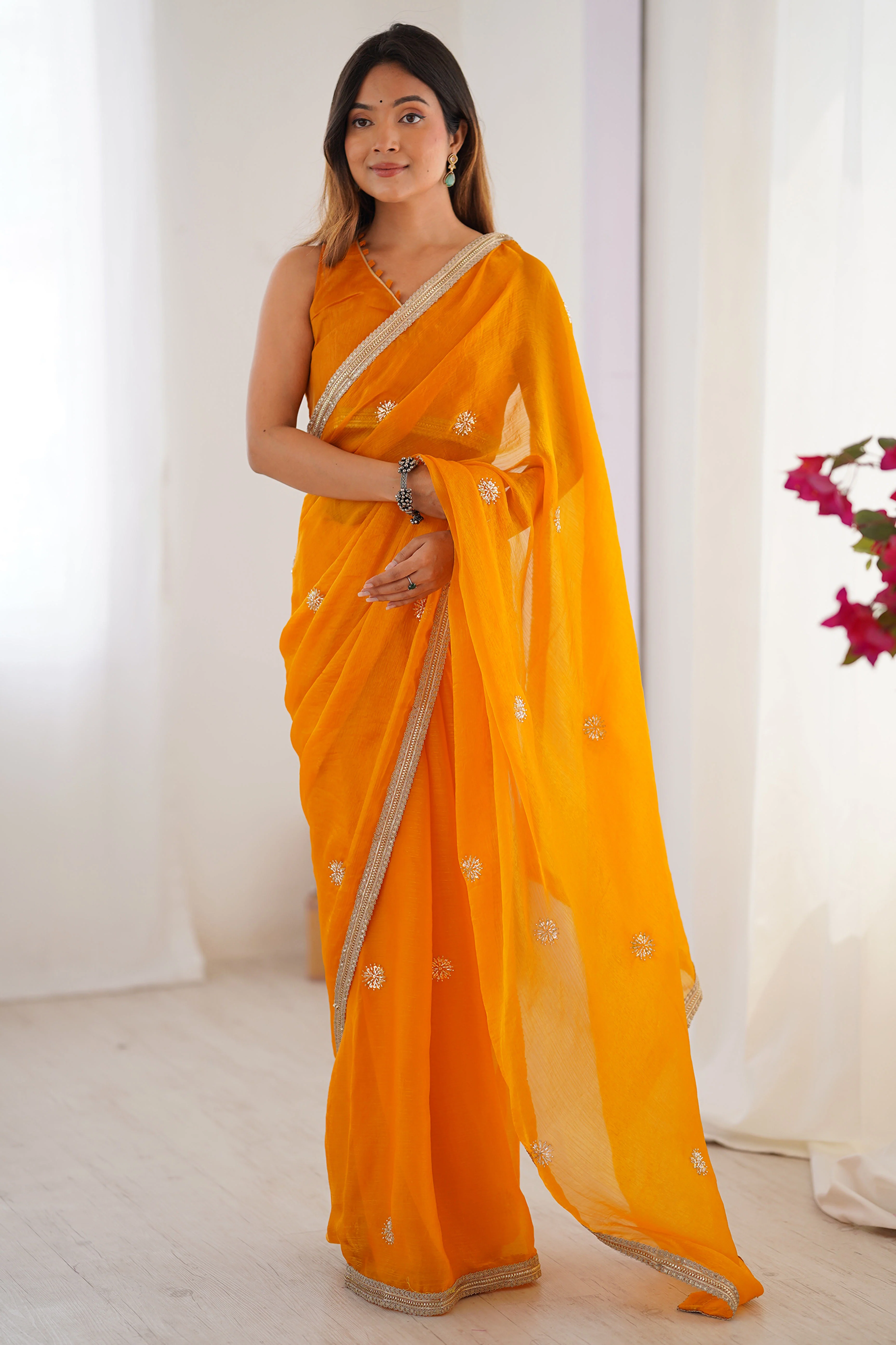 Elegant Mustard Yellow Organza Saree with Delicate Floral Embellishments and Lace Border - Image 7