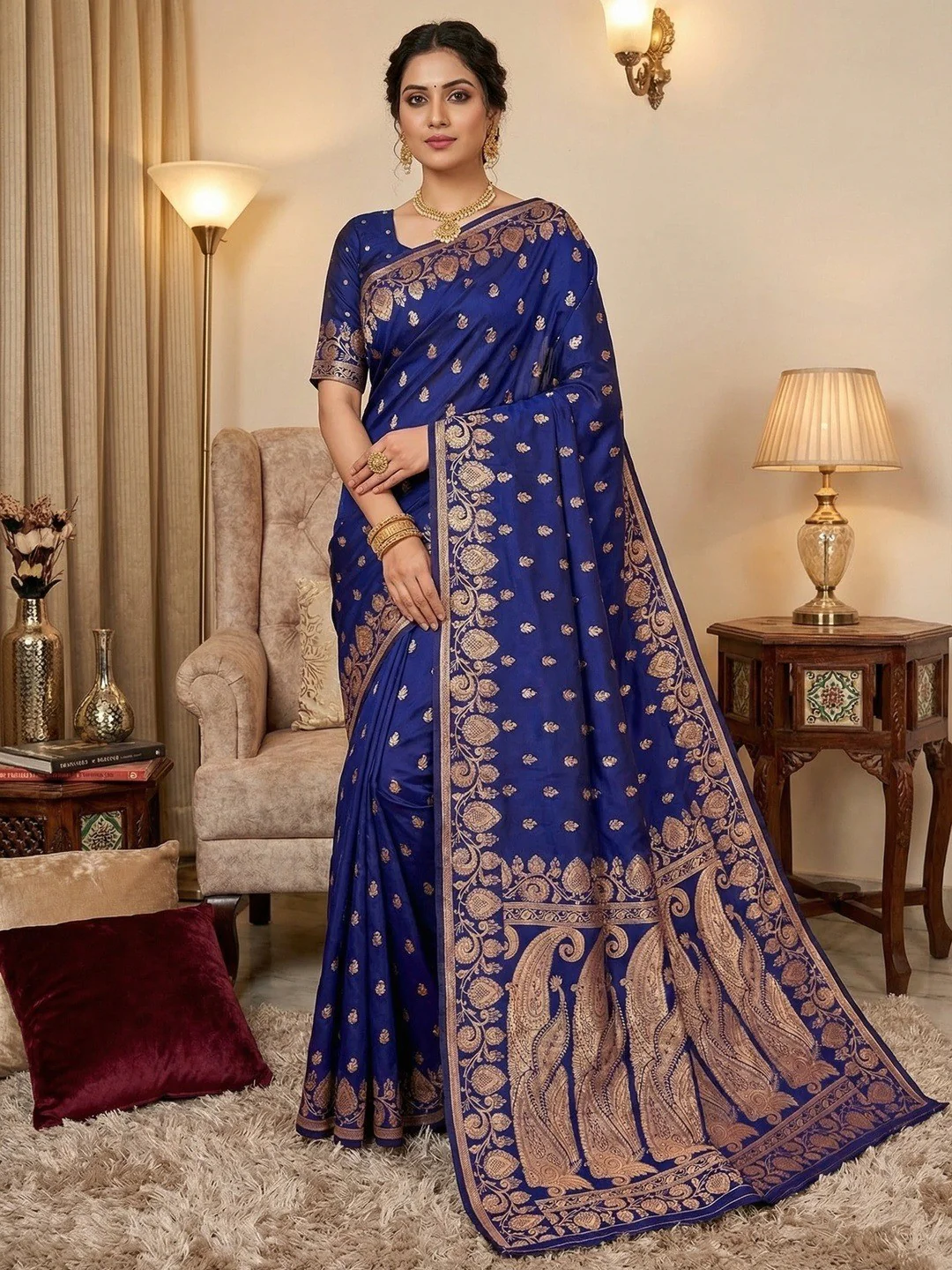 Elegant Navy Blue Art Silk Saree With Zari Woven Paisley Motifs