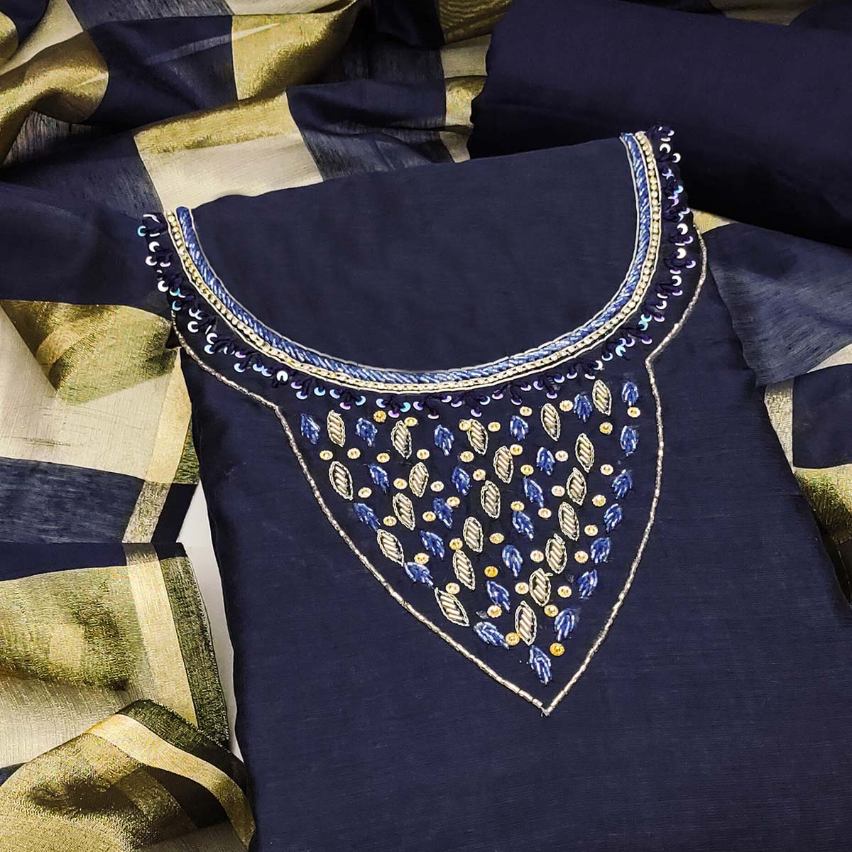 Elegant Navy Blue Beads & Sequins Handwork Chanderi Cotton Dress Material With Weaving Striped Pattern - Image 2
