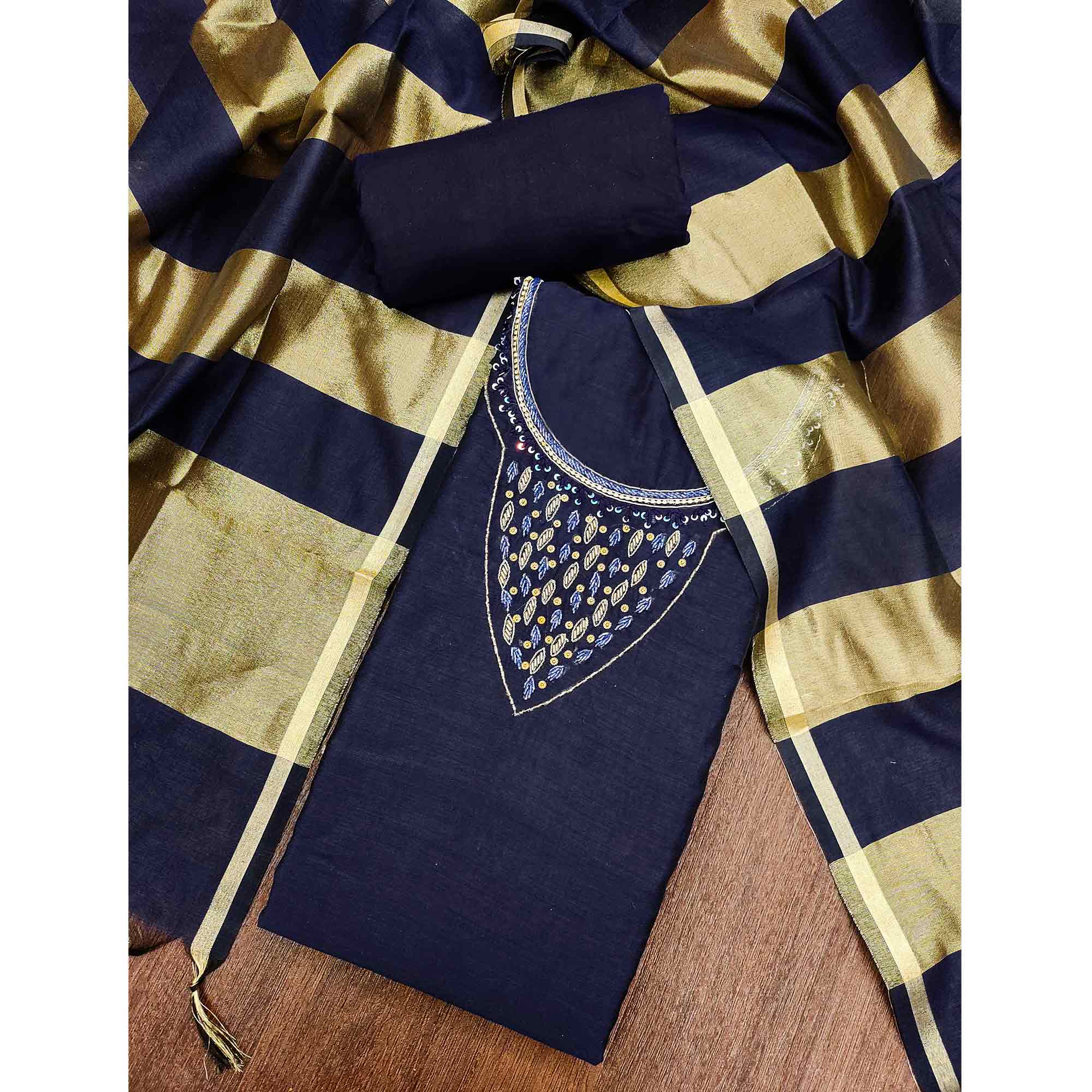 Elegant Navy Blue Beads & Sequins Handwork Chanderi Cotton Dress Material With Weaving Striped Pattern - Image 3