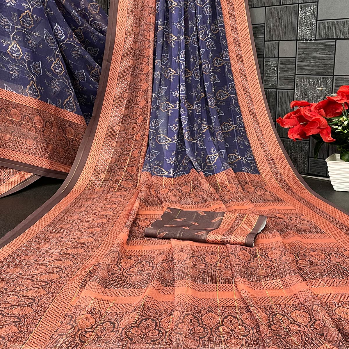 Elegant Navy Blue & Brown Floral Digital Printed Georgette Saree Adorned With Subtle Zari Stripes - Image 2