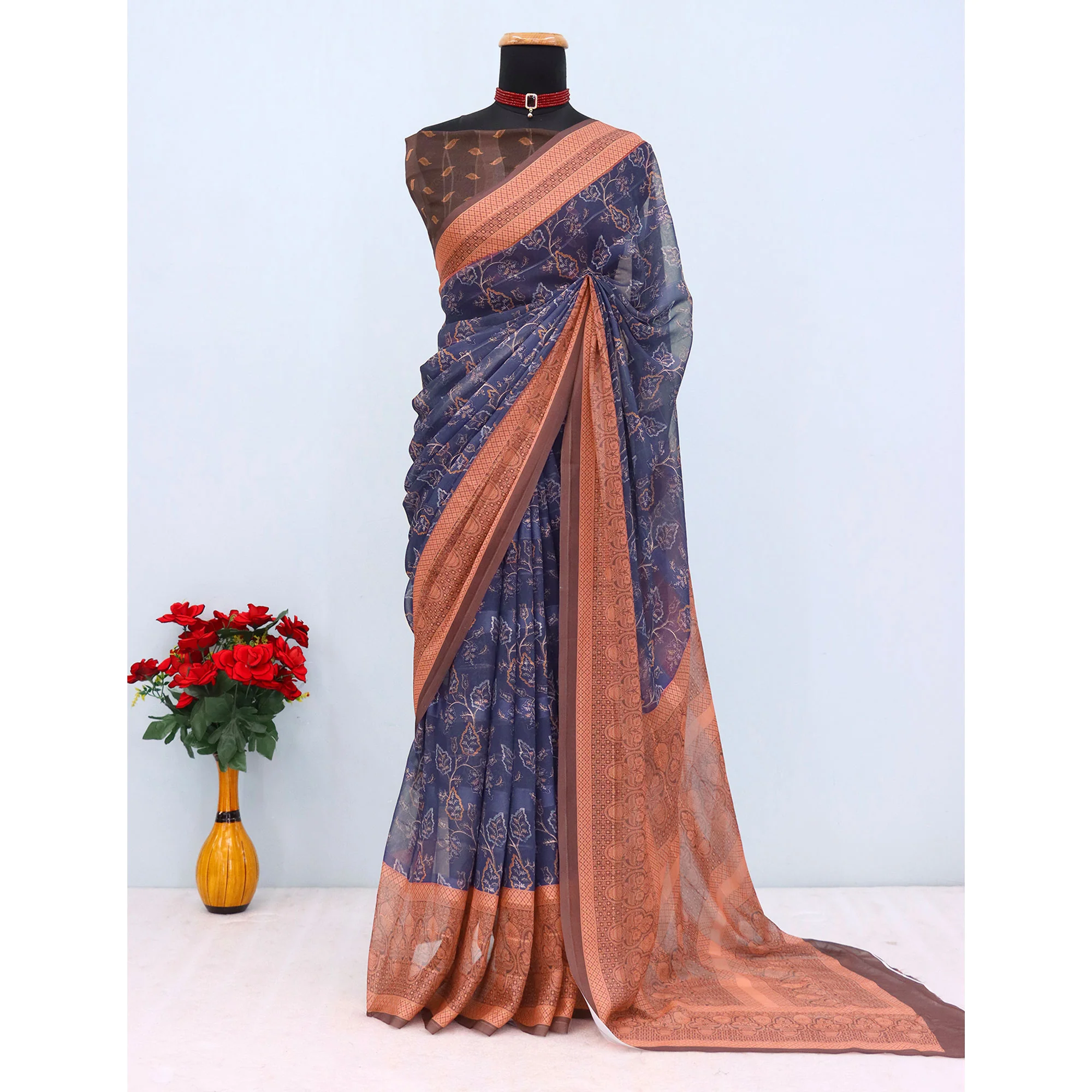 Elegant Navy Blue & Brown Floral Digital Printed Georgette Saree Adorned With Subtle Zari Stripes - Image 3