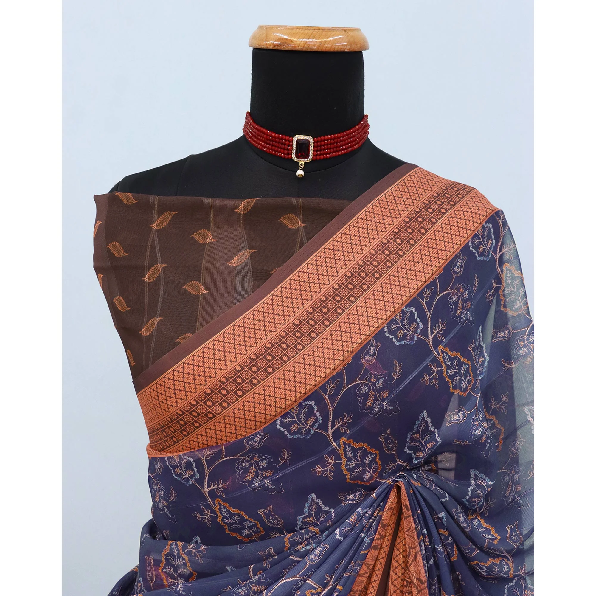 Elegant Navy Blue & Brown Floral Digital Printed Georgette Saree Adorned With Subtle Zari Stripes - Image 4