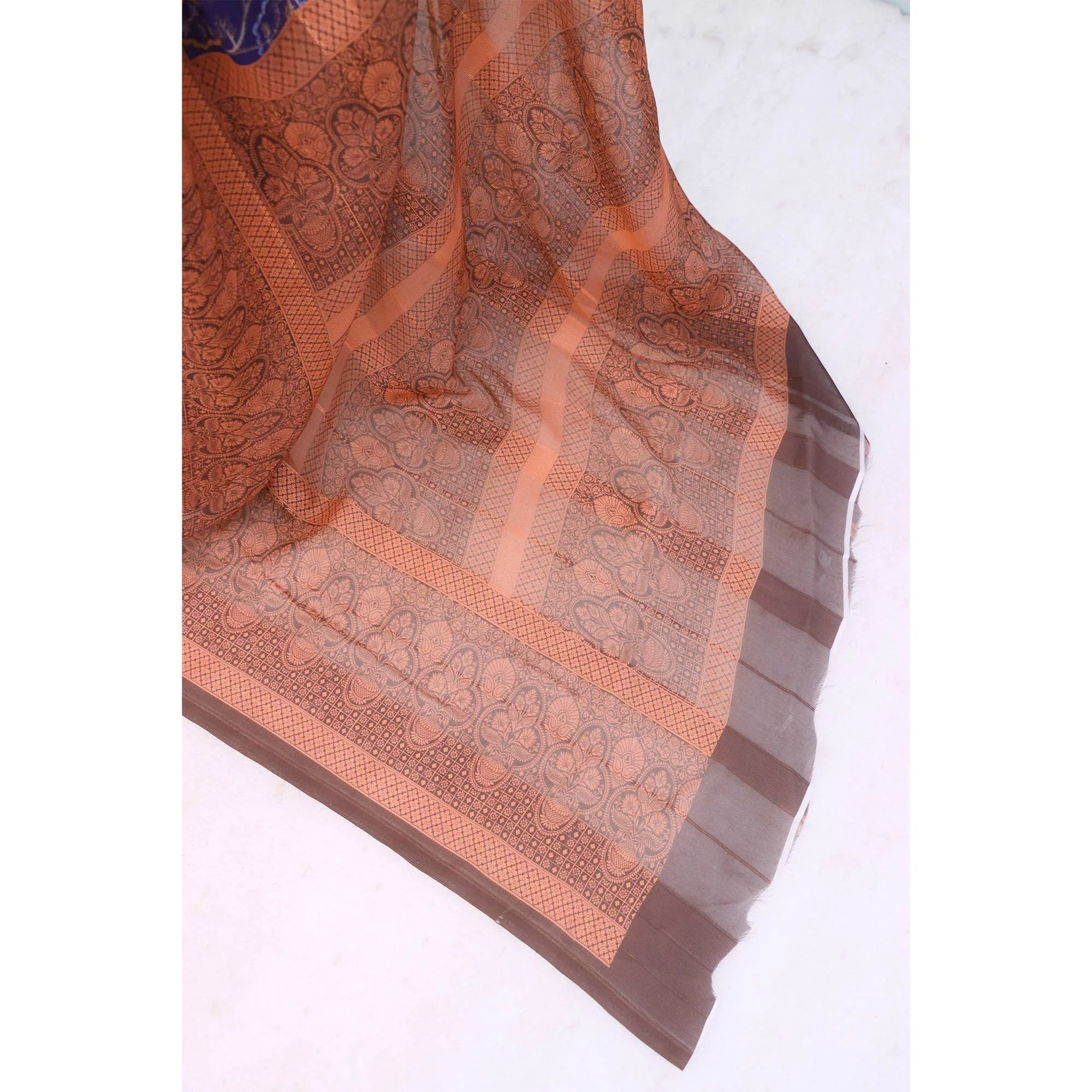 Elegant Navy Blue & Brown Floral Digital Printed Georgette Saree Adorned With Subtle Zari Stripes - Image 5