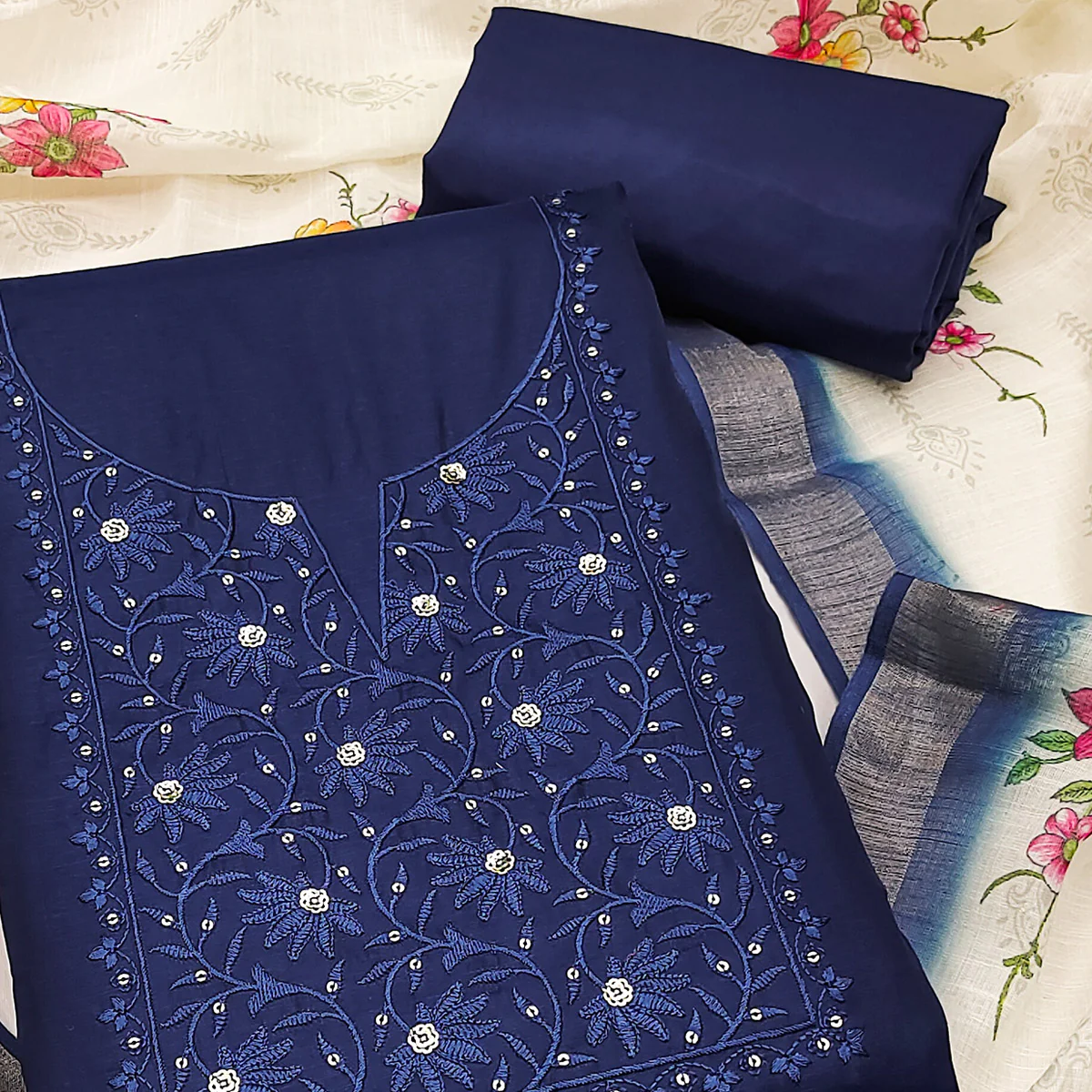 Elegant Navy Blue Floral Thread Embroidered Tussar Silk Dress Material Adorned with Sequins Work - Image 2