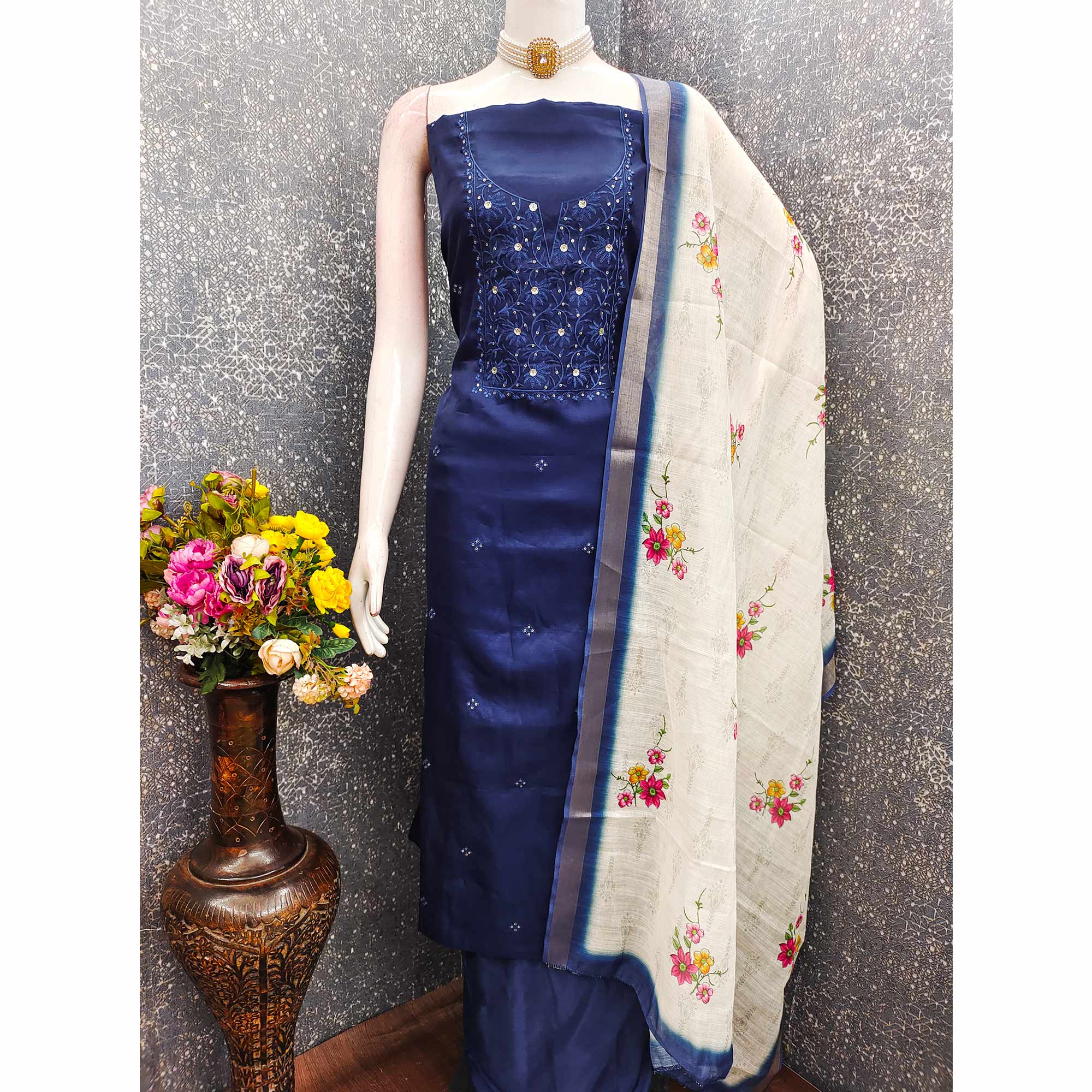 Elegant Navy Blue Floral Thread Embroidered Tussar Silk Dress Material Adorned with Sequins Work - Image 3