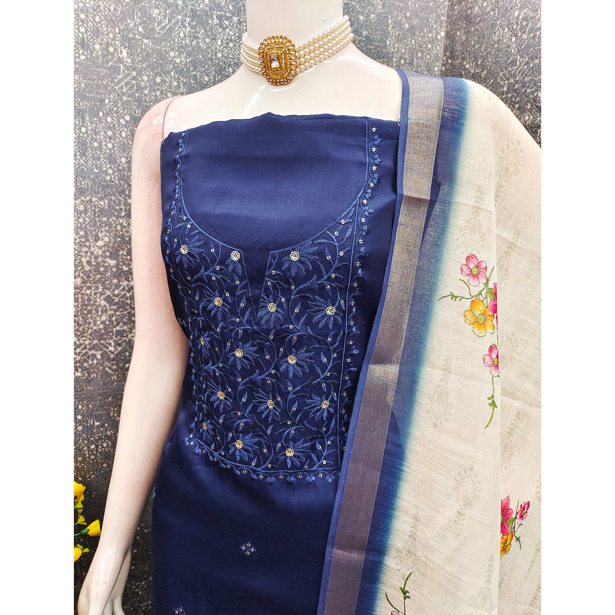 Elegant Navy Blue Floral Thread Embroidered Tussar Silk Dress Material Adorned with Sequins Work - Image 4