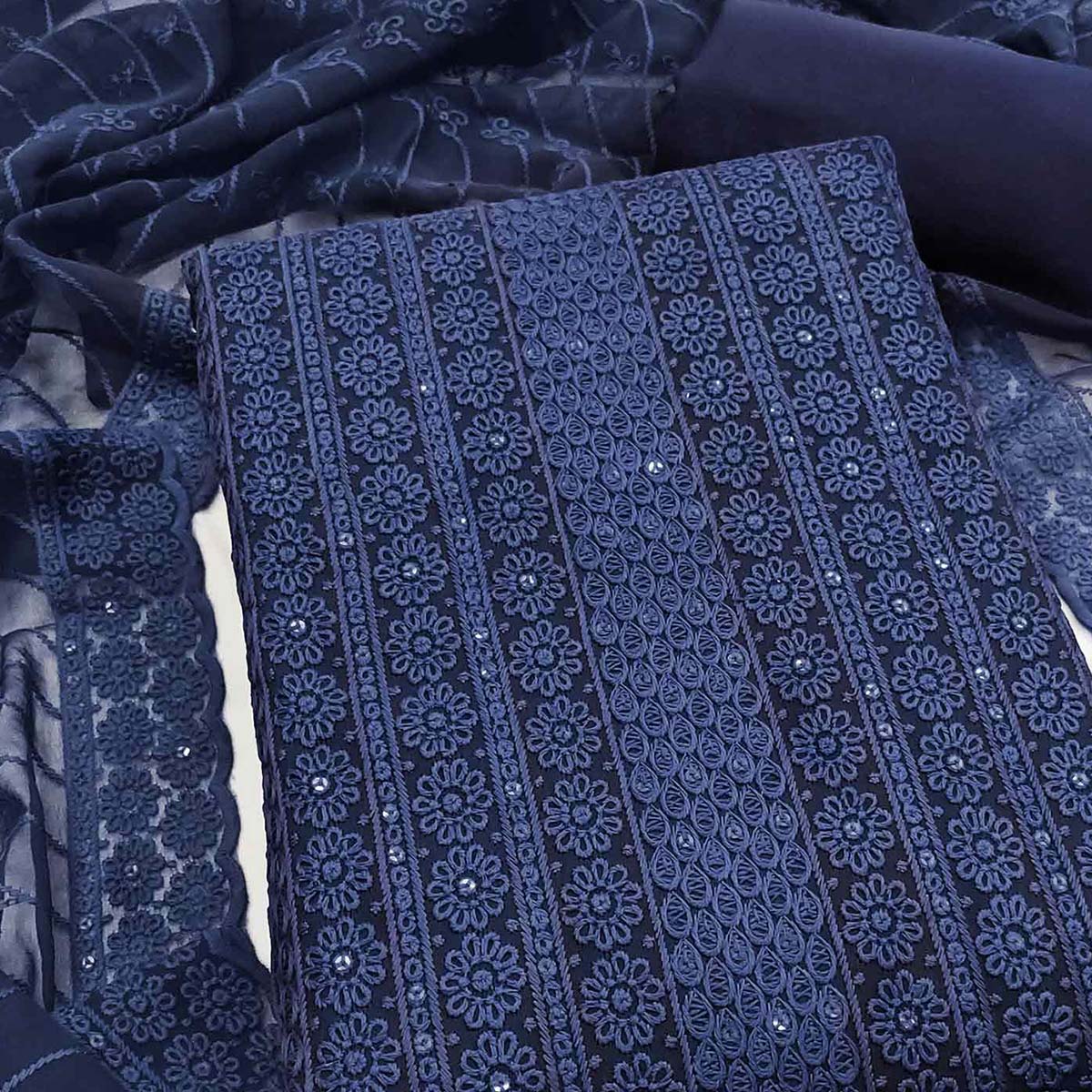 Elegant Navy Blue Floral Thread Embroidered With Sequins Work Georgette Dress Material - Image 2