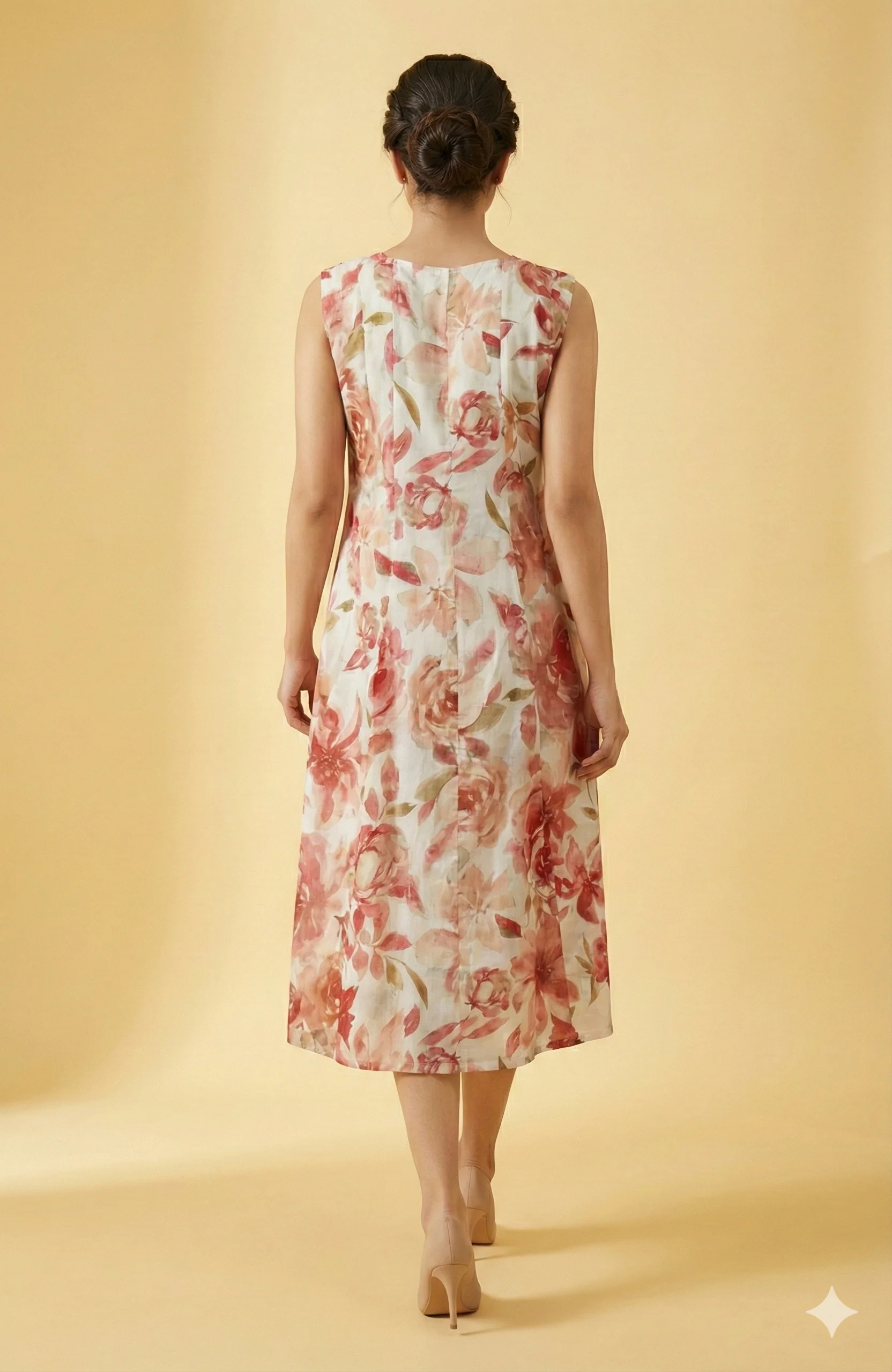 Elegant Off White Floral Foil Printed Polyester Midi Dress for Daywear - Image 3