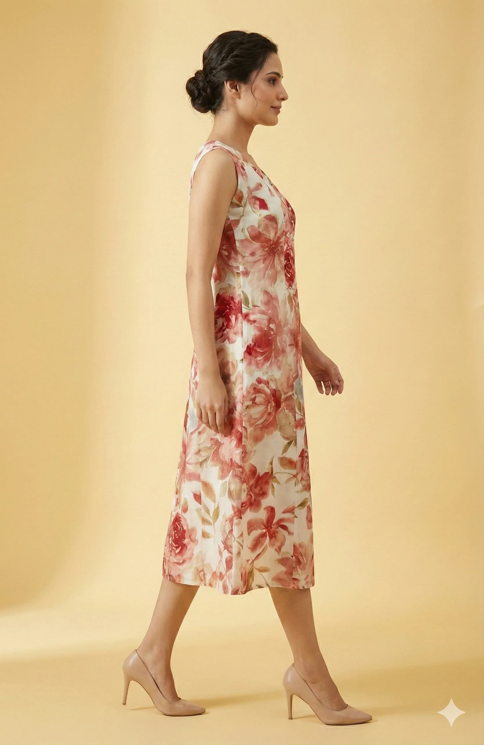 Elegant Off White Floral Foil Printed Polyester Midi Dress for Daywear - Image 4
