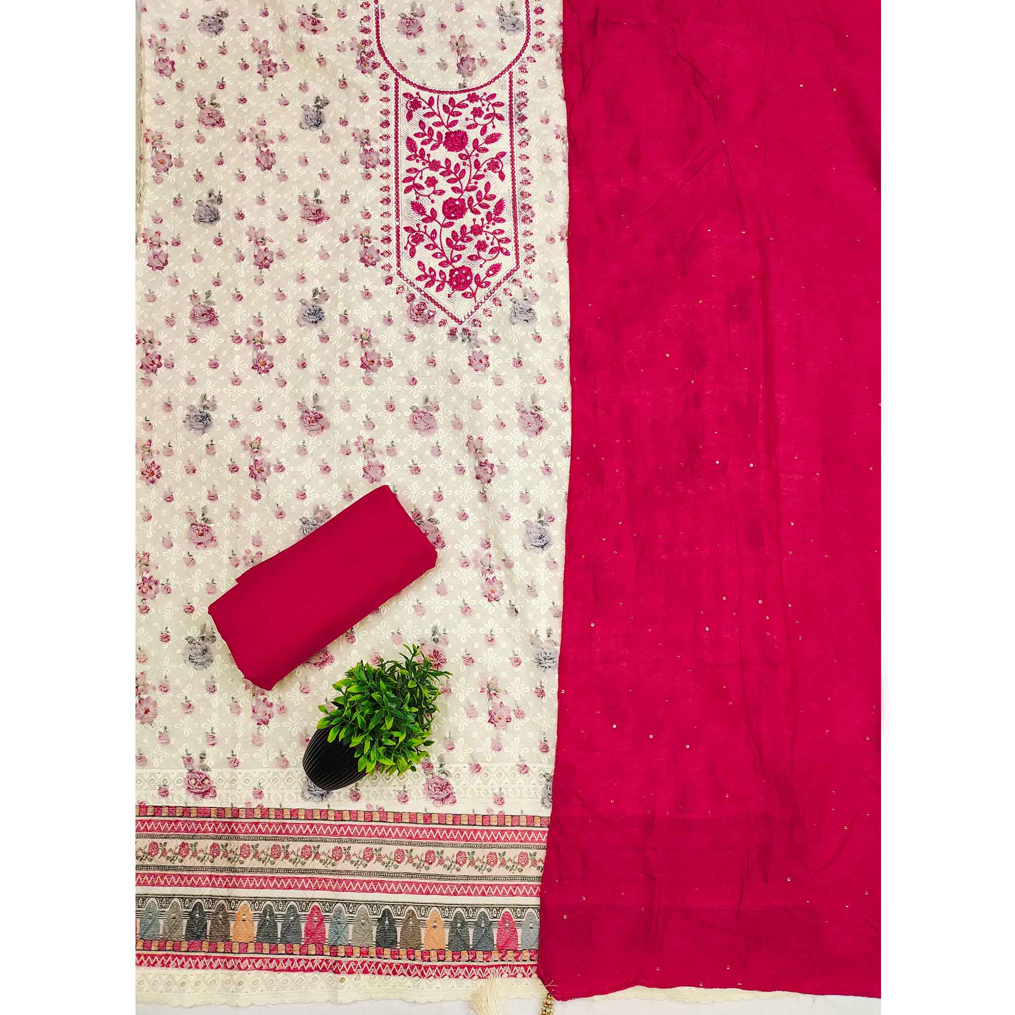 Elegant Offwhite Floral Chikankari Embroidery & Sequins Work Cotton Blend Dress Material - Image 3