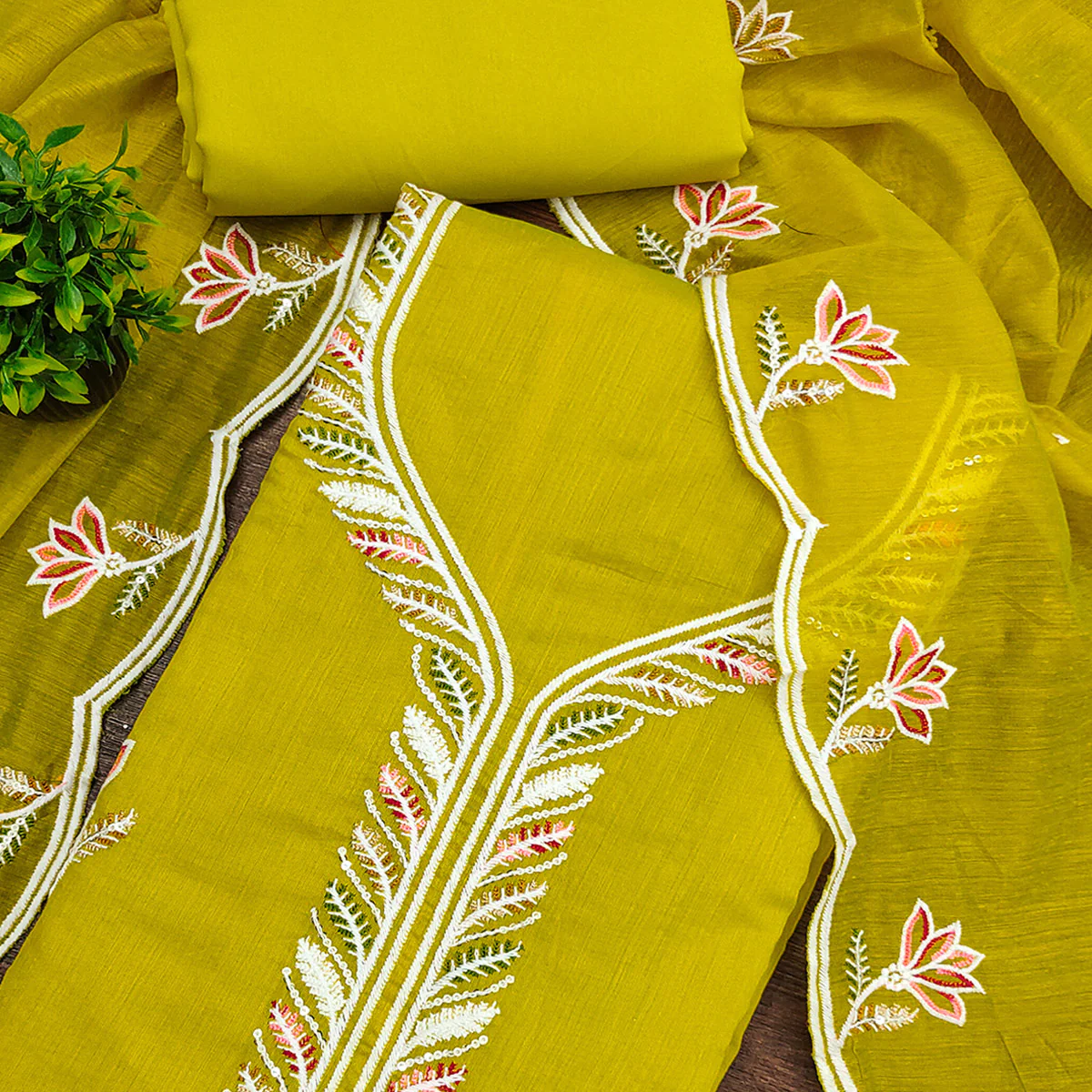 Elegant Olive Chanderi Cotton Dress Material With Floral Thread Embroidery & Sequins Work - Image 2