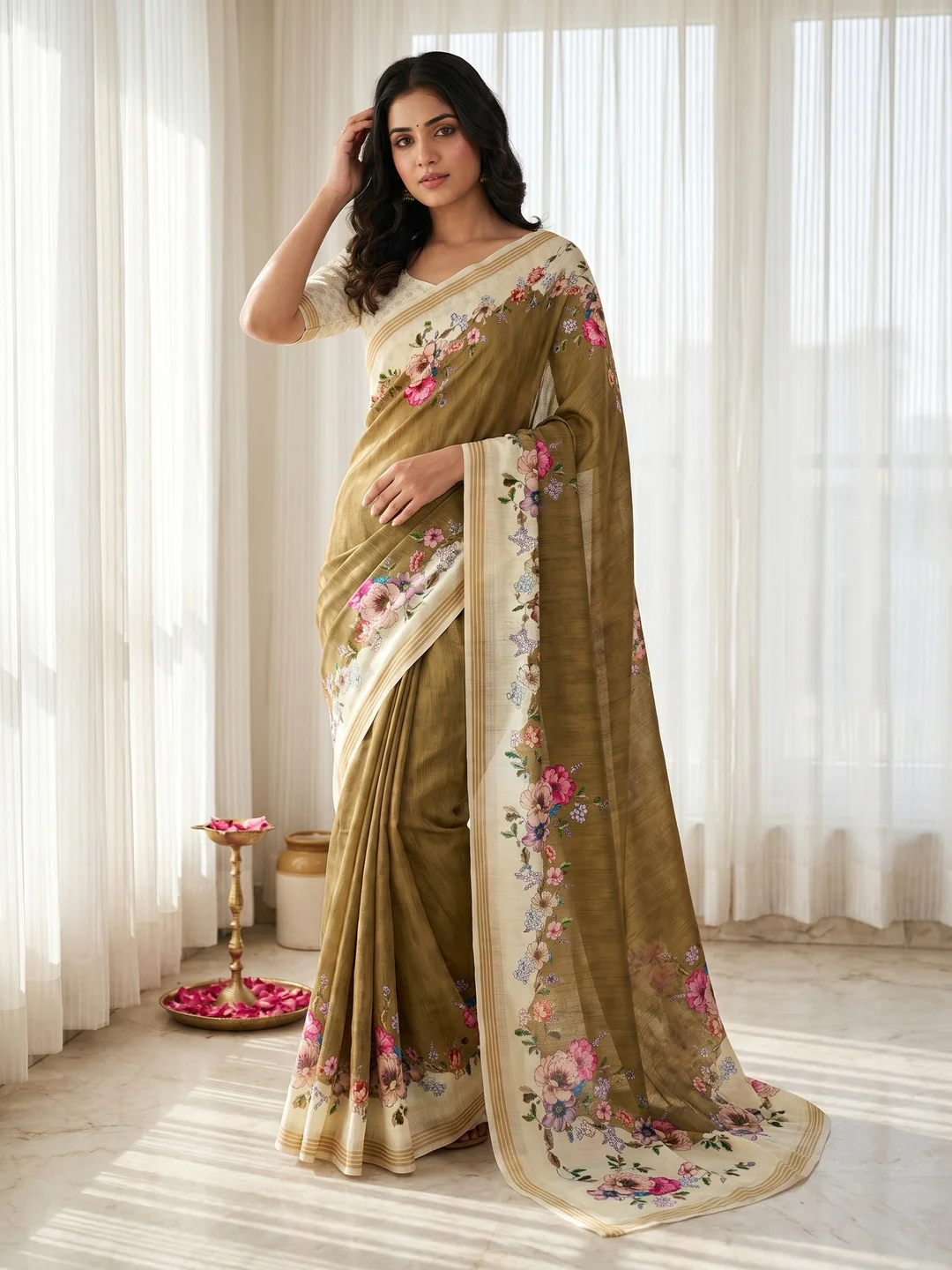 Elegant Olive Dola Silk Saree with Floral Digital Print