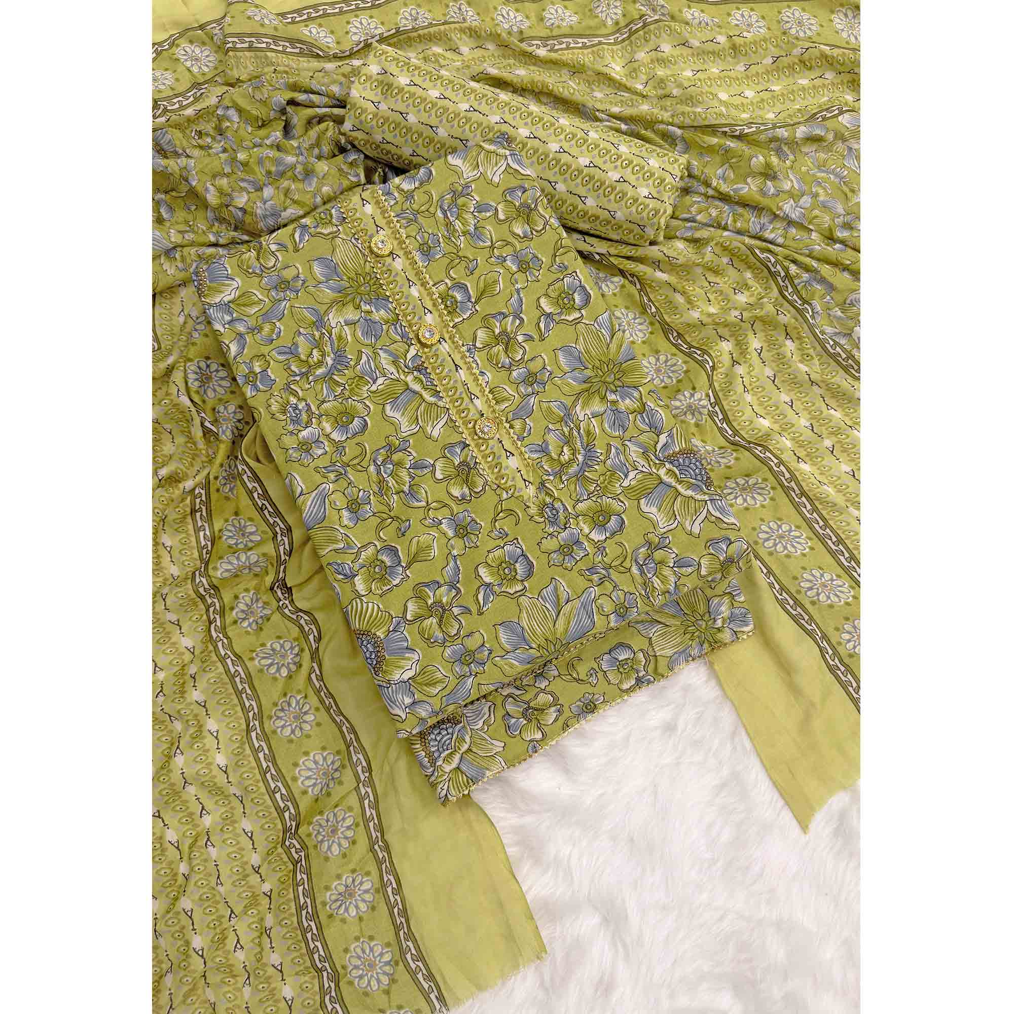 Elegant Olive Green Floral Printed Cotton Blend Dress Material Adorned With Intricate Lace Border - Image 3