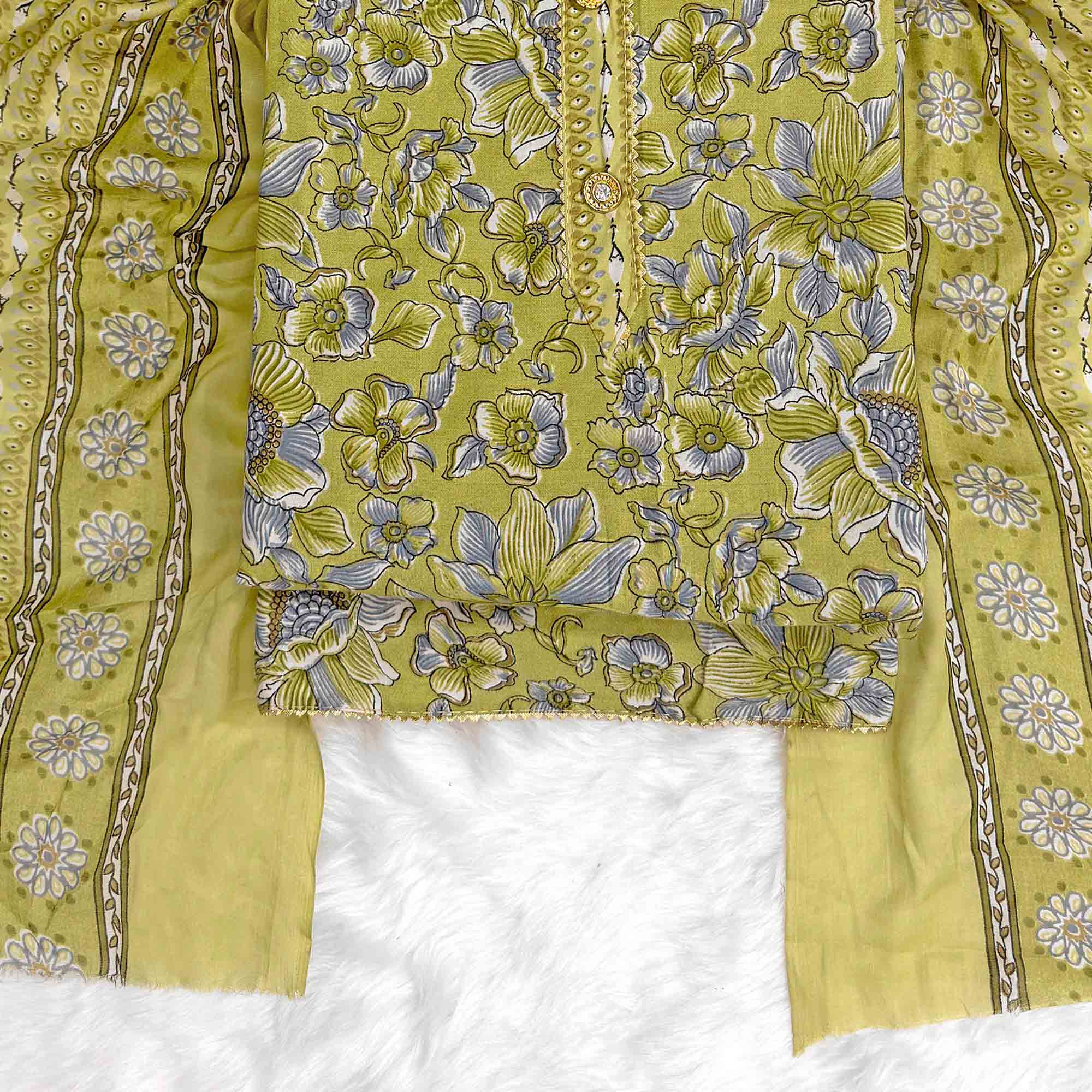 Elegant Olive Green Floral Printed Cotton Blend Dress Material Adorned With Intricate Lace Border - Image 4