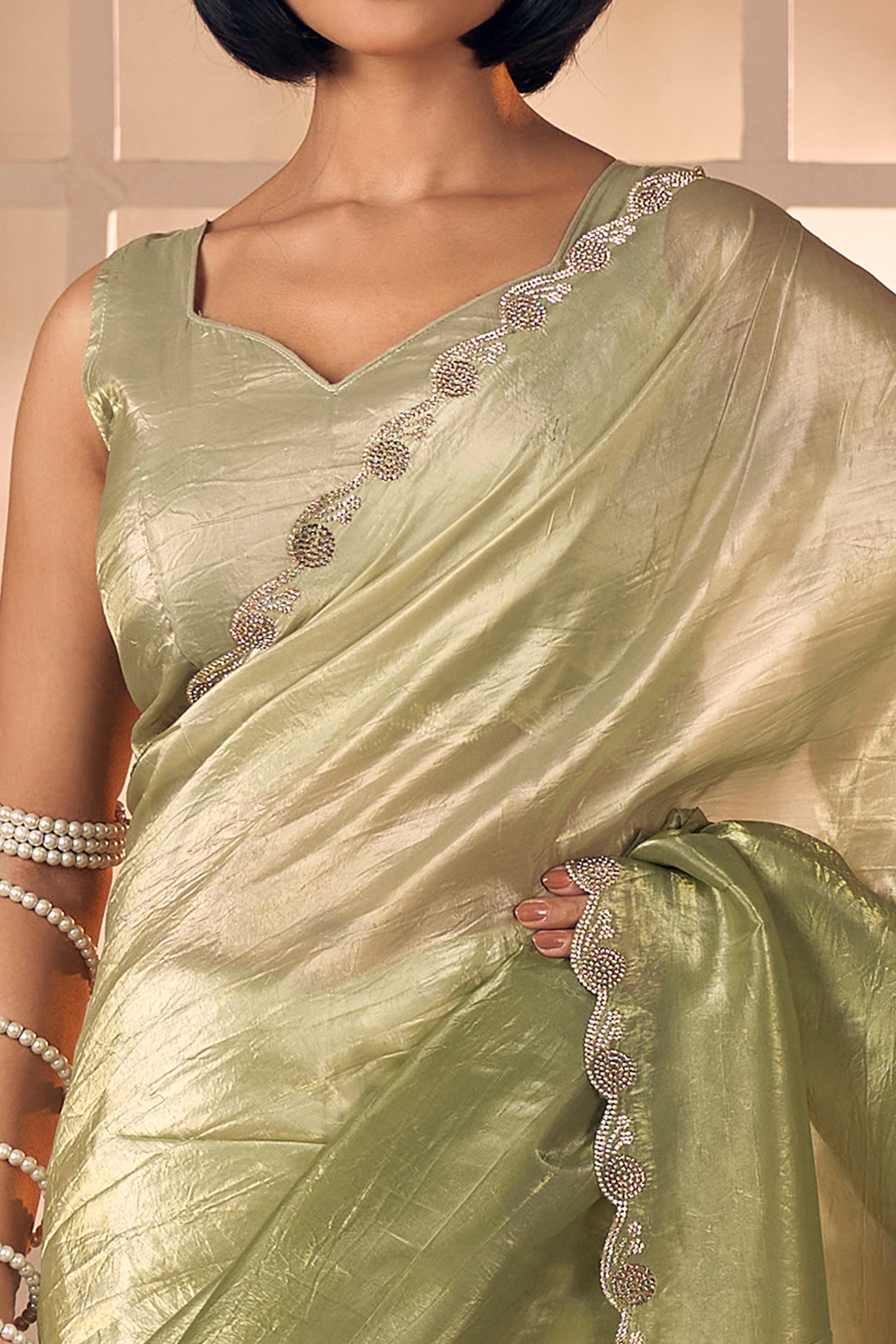Elegant Olive Pure Silk Saree Enhanced With Premium Zarkan Cutwork Embellishment - Image 2