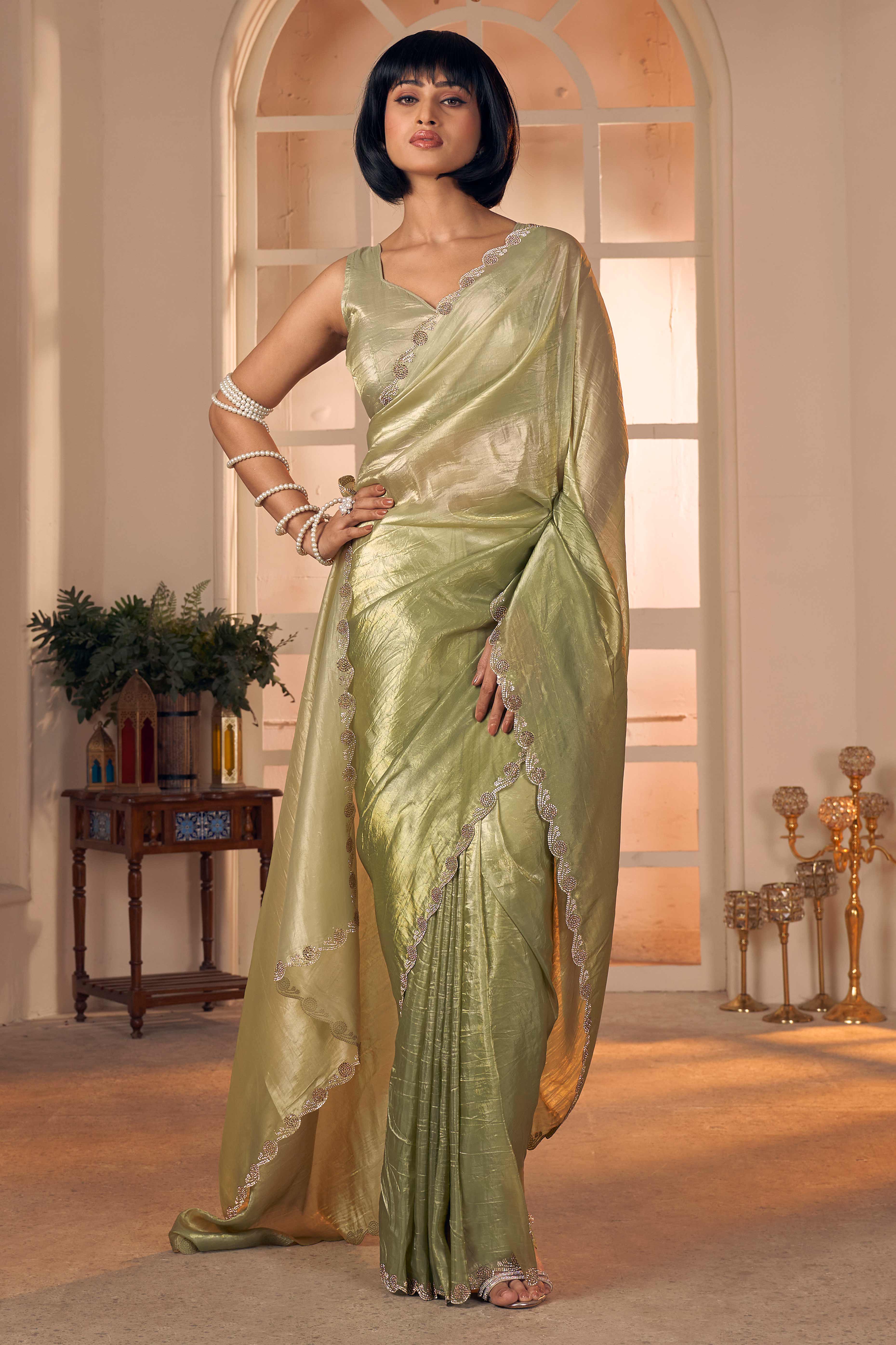 Elegant Olive Pure Silk Saree Enhanced With Premium Zarkan Cutwork Embellishment - Image 3