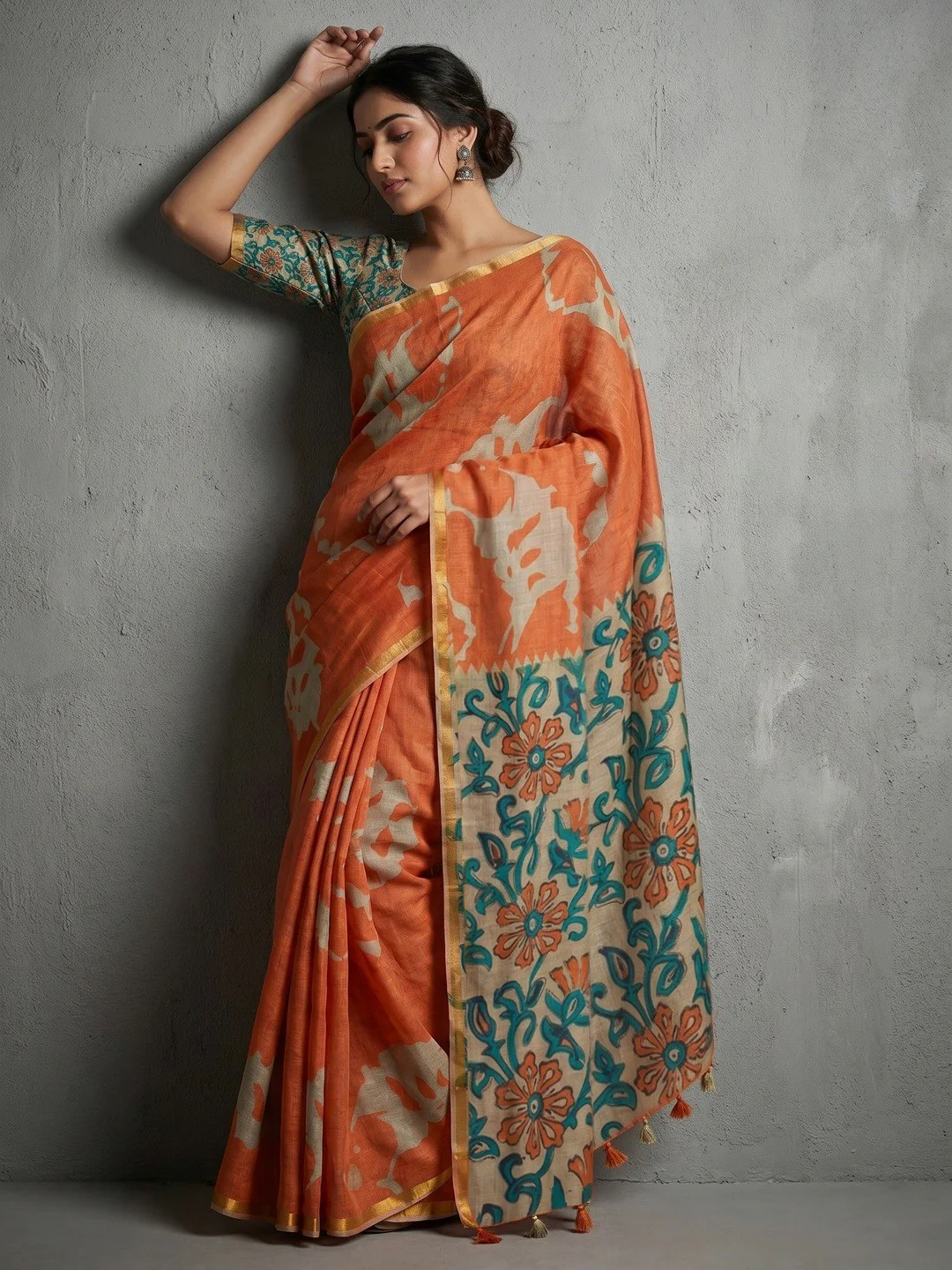 Elegant Orange Abstract Print Linen Saree with Floral Blouse