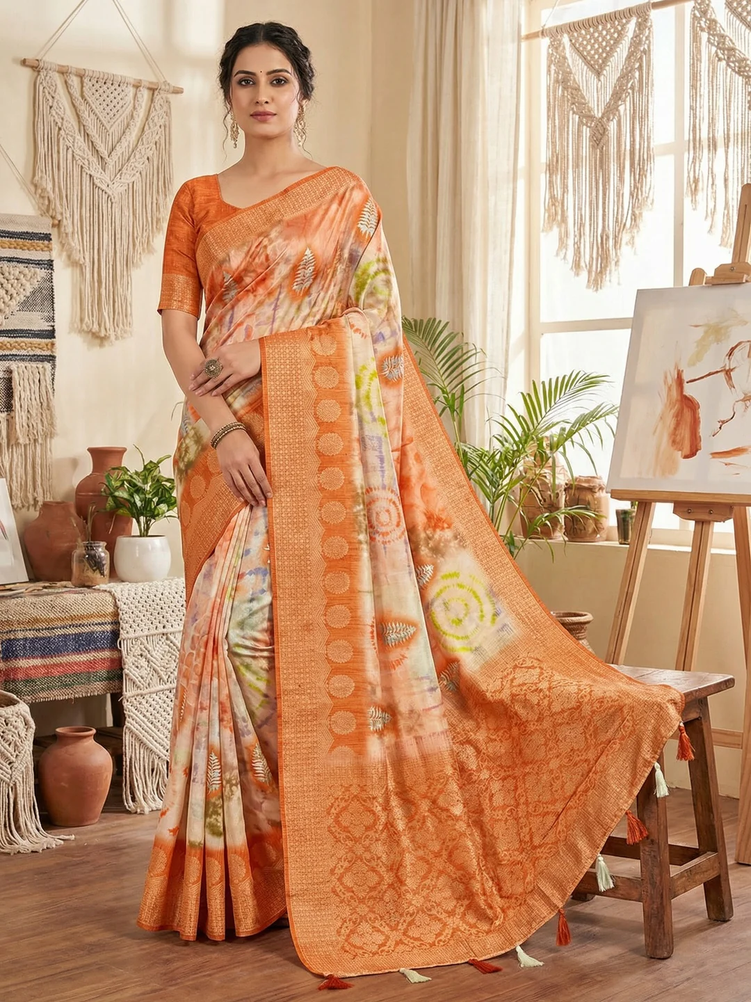 Elegant Orange Bemberg Saree with Digital Print and Rich Pallu