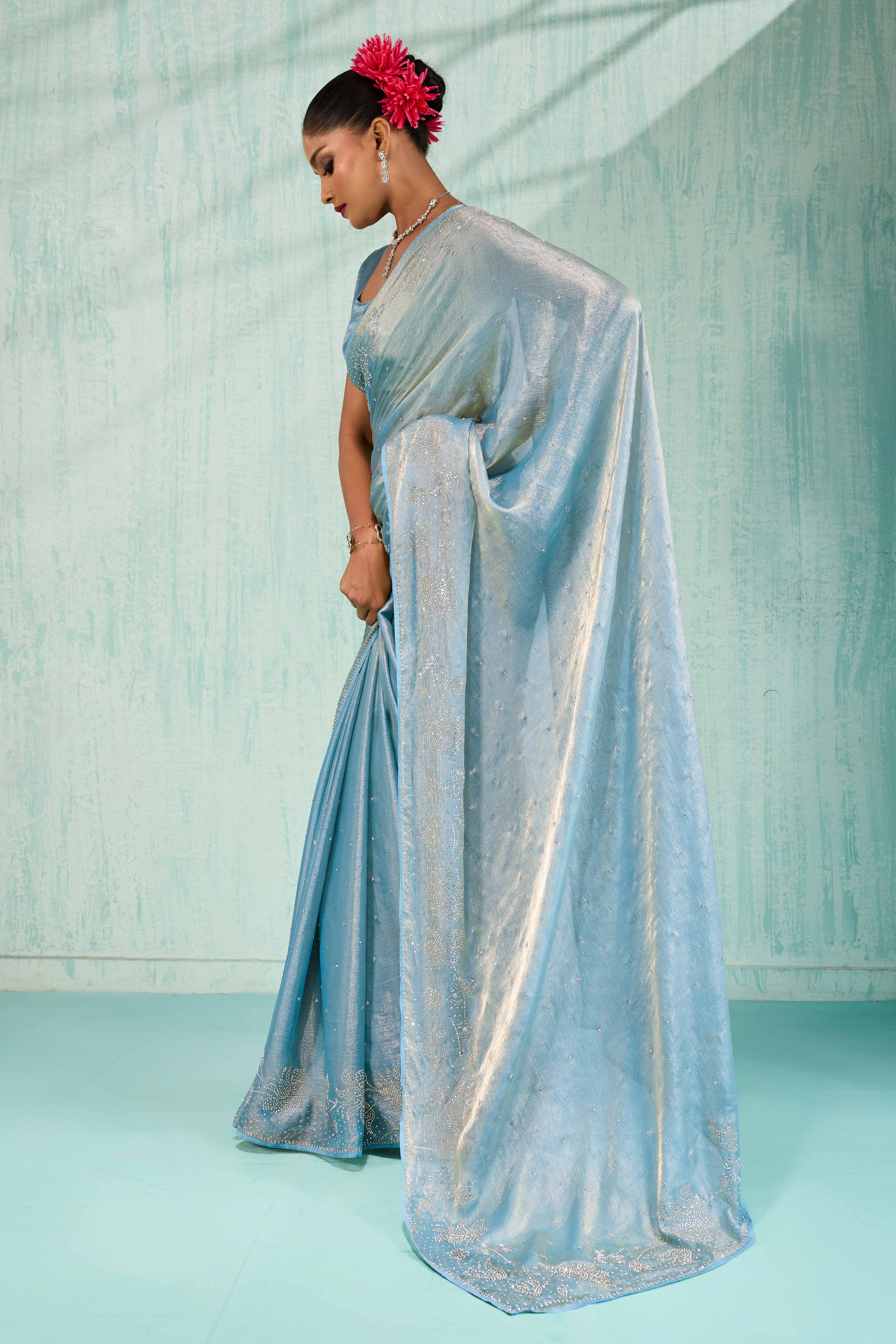 Elegant Party Wear Saree in Blue Chiffon with Stone Embellishment - Image 4