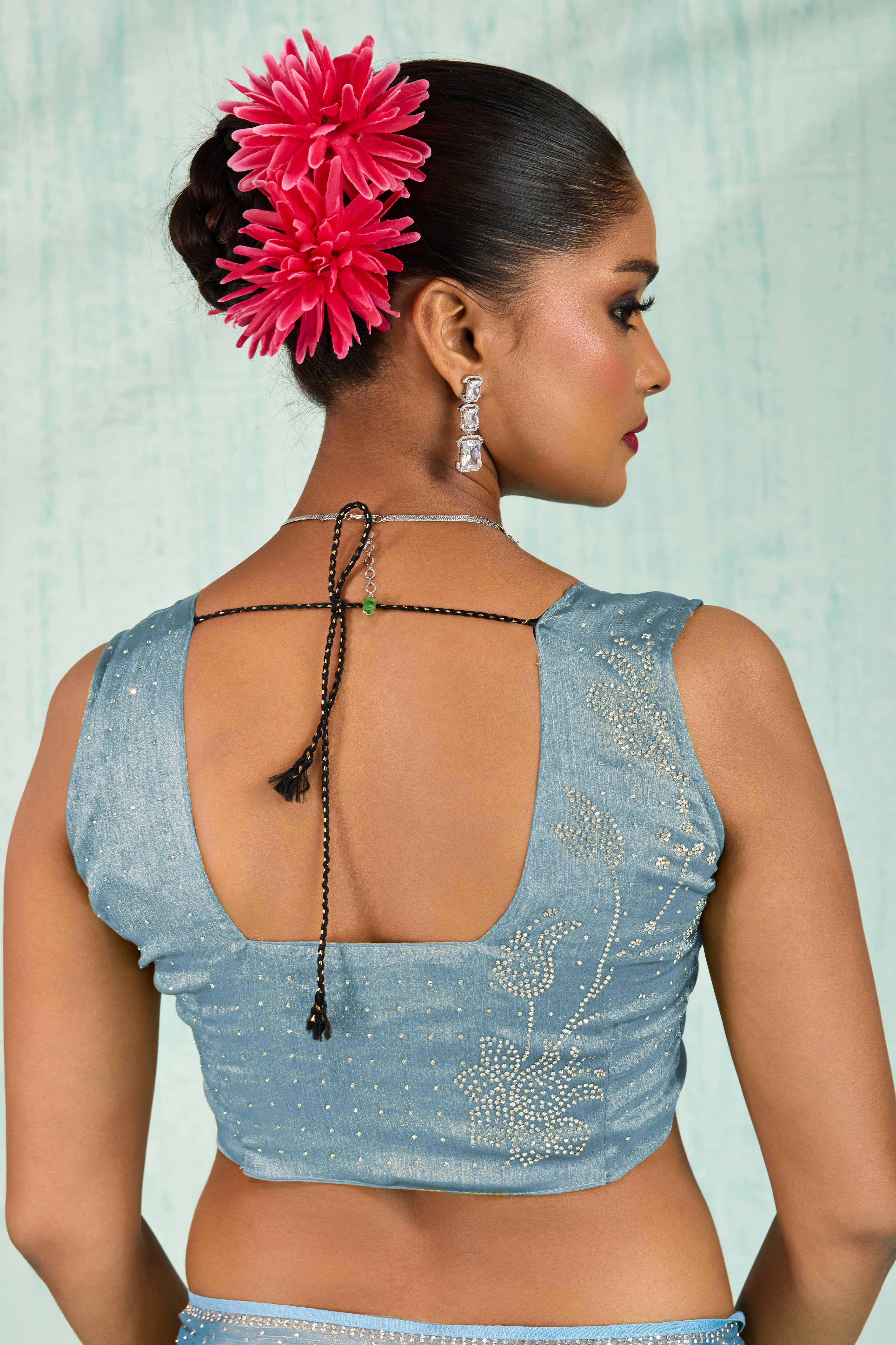 Elegant Party Wear Saree in Blue Chiffon with Stone Embellishment - Image 5