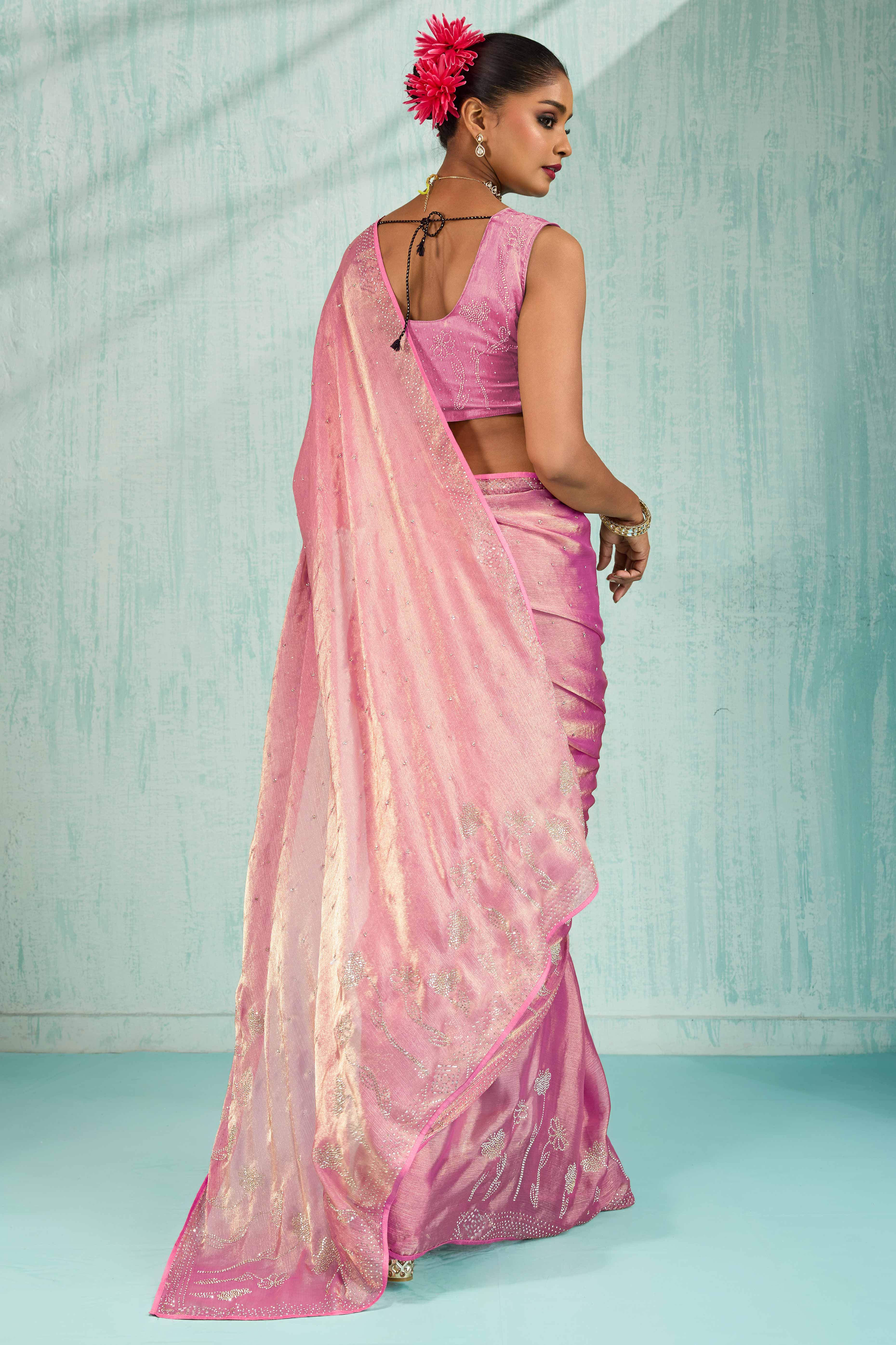 Elegant Party Wear Saree in Pink Chiffon with Stone Embellishment - Image 5