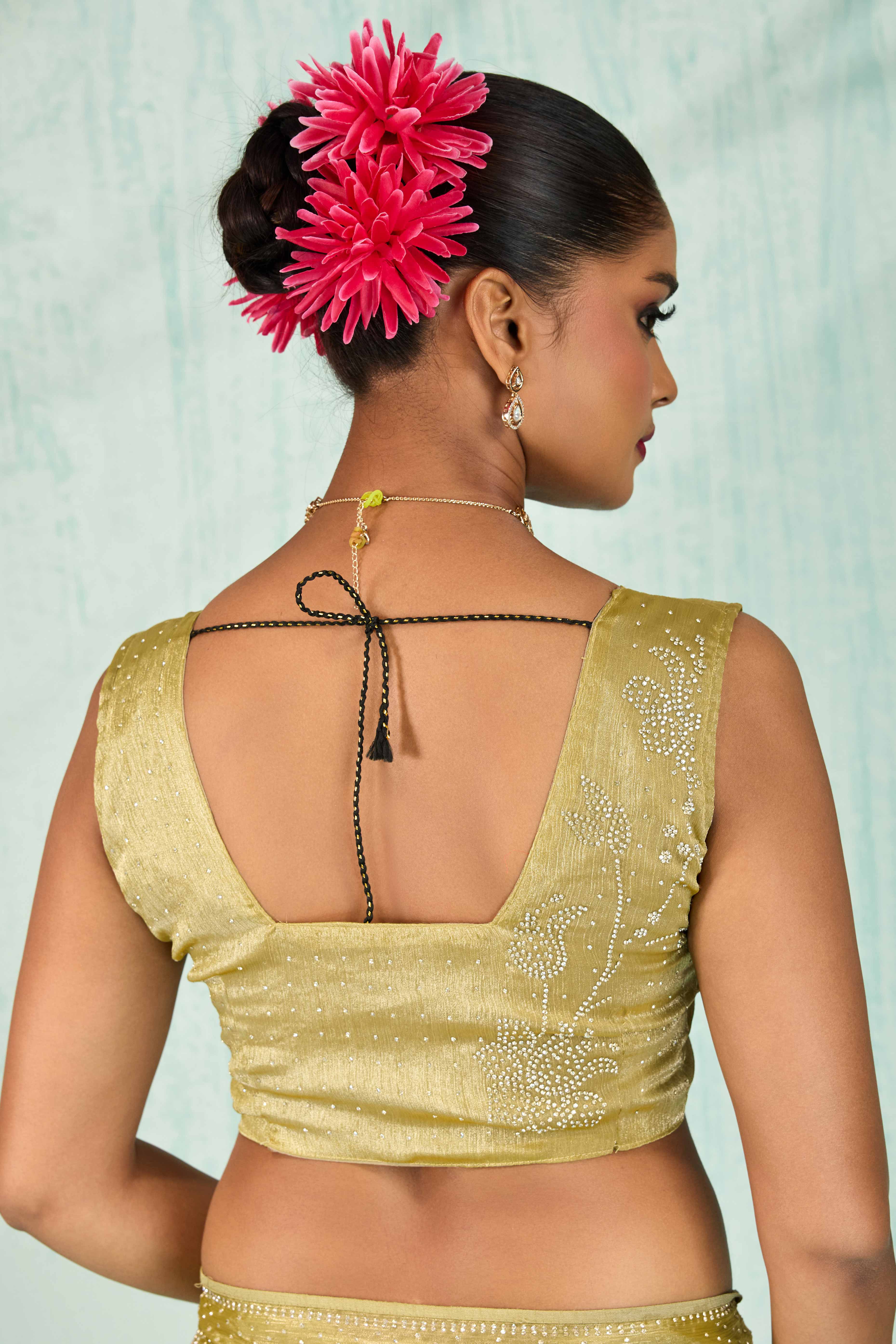 Elegant Party Wear Saree in Olive Chiffon with Stone Embellishment - Image 5