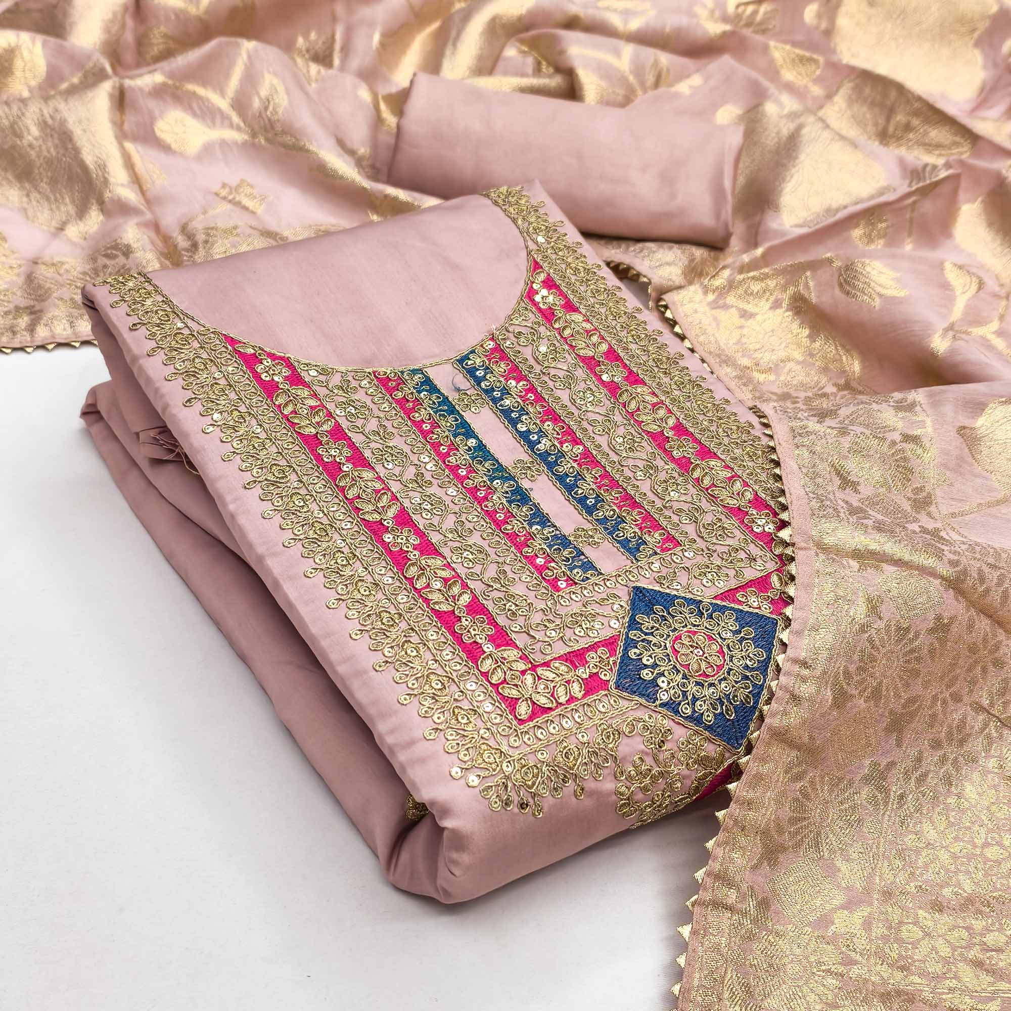 Elegant Peach Art Silk Dress Material Adorned With Floral Cording & Sequins Embroidery - Image 3