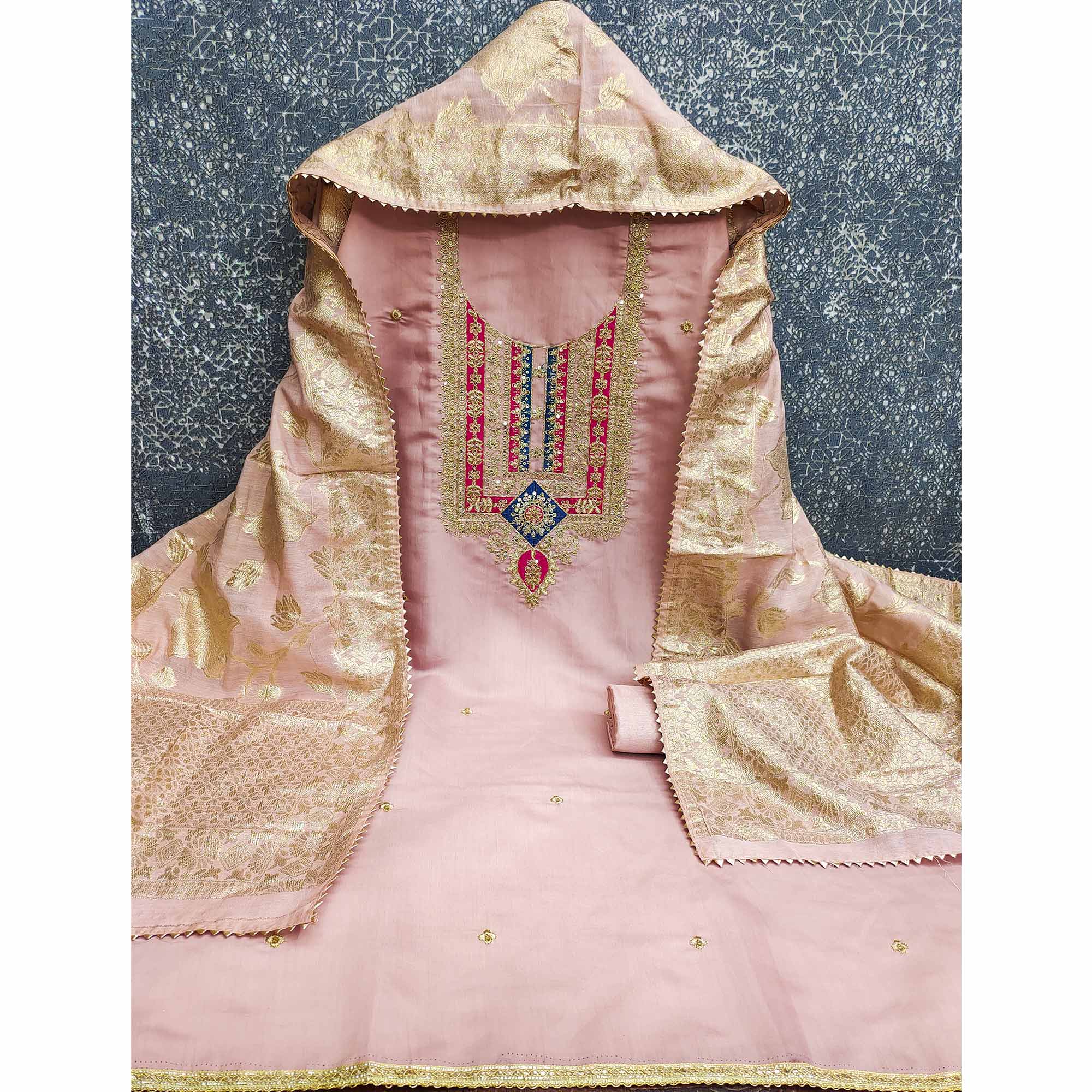Elegant Peach Art Silk Dress Material Adorned With Floral Cording & Sequins Embroidery - Image 4