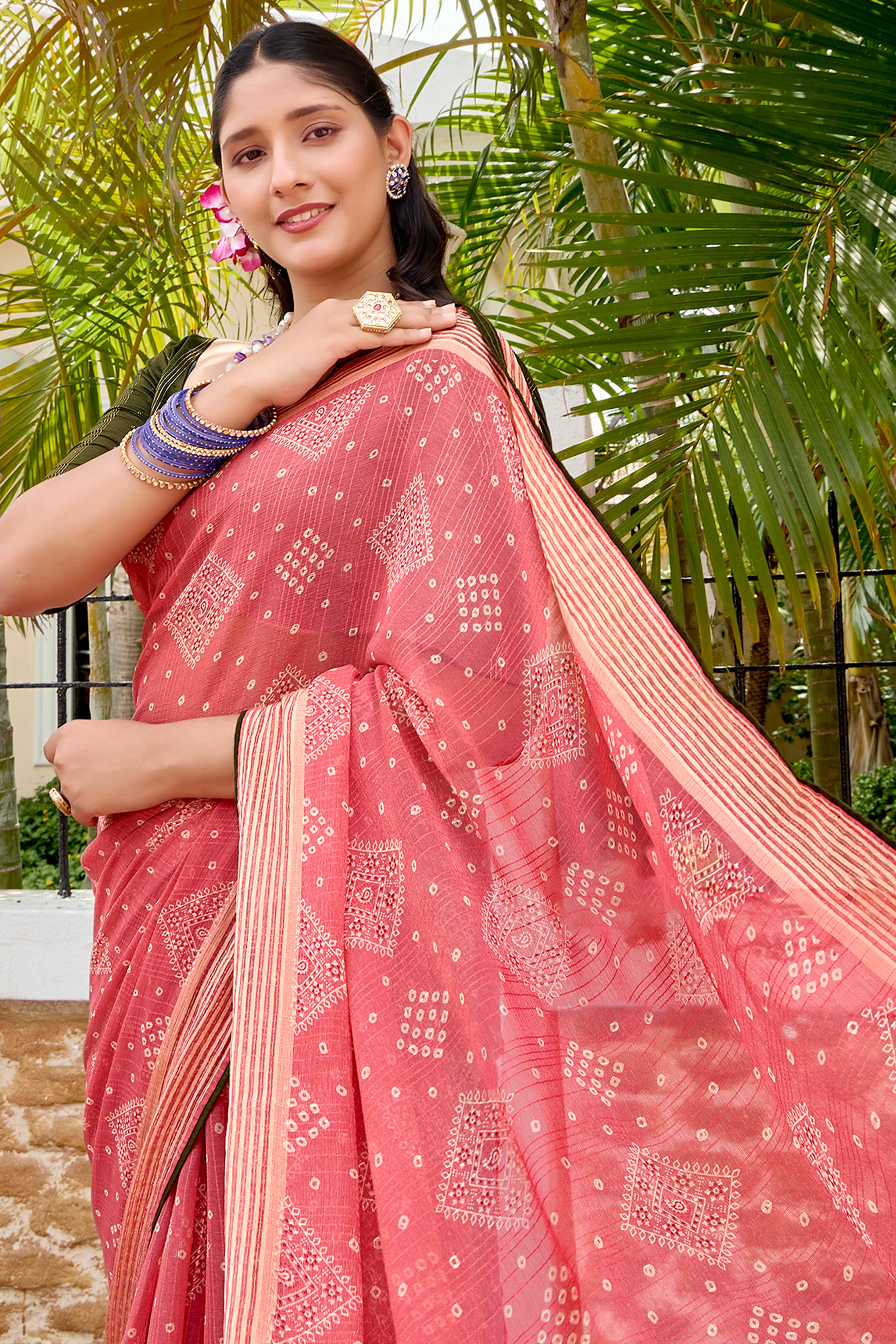 Elegant Peach Bandhani Printed Saree in Lightweight Shimmer Chiffon Fabric - Image 3