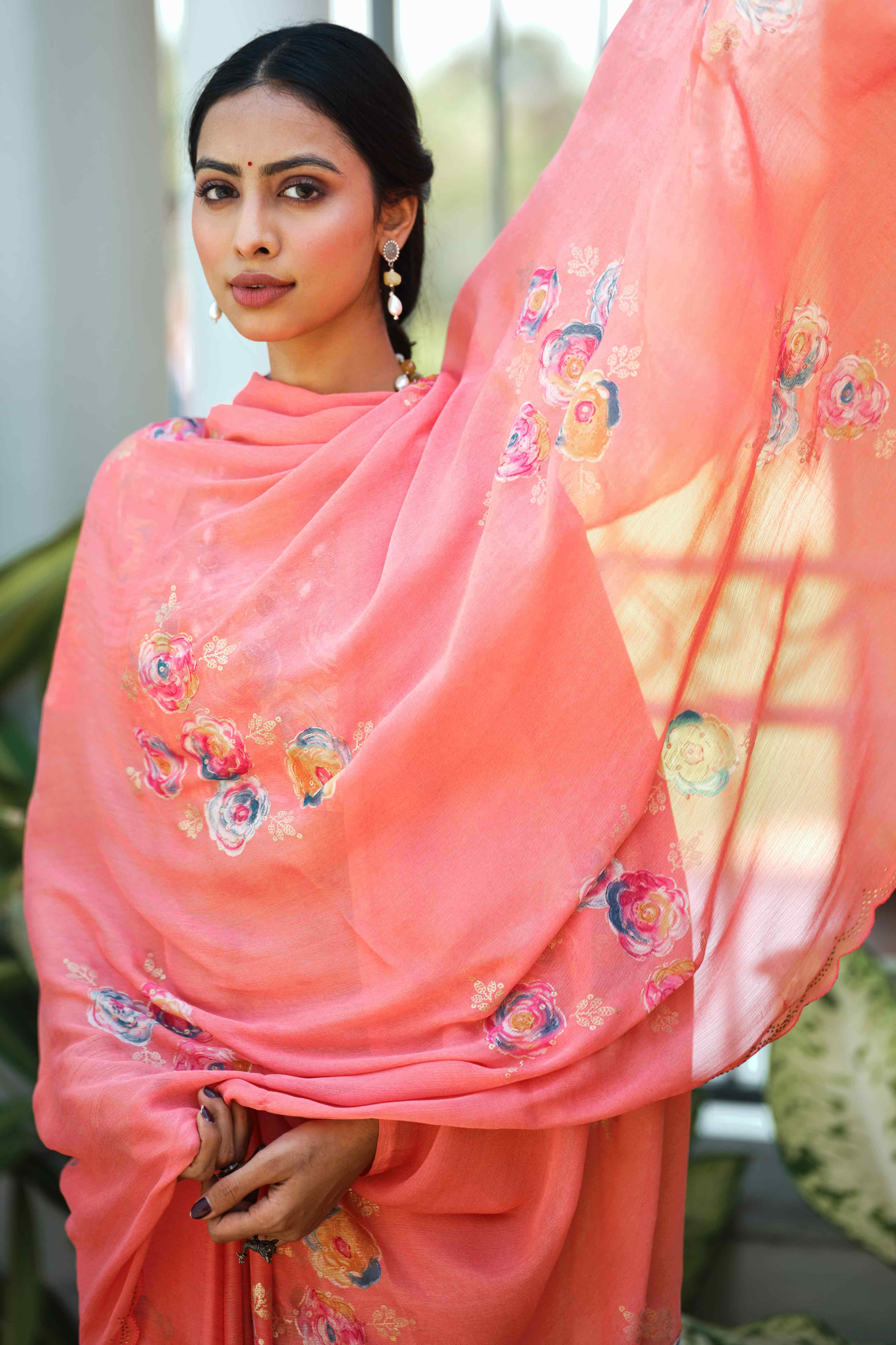 Elegant Peach Chiffon Saree with Floral and Foil Print Detailing - Image 3