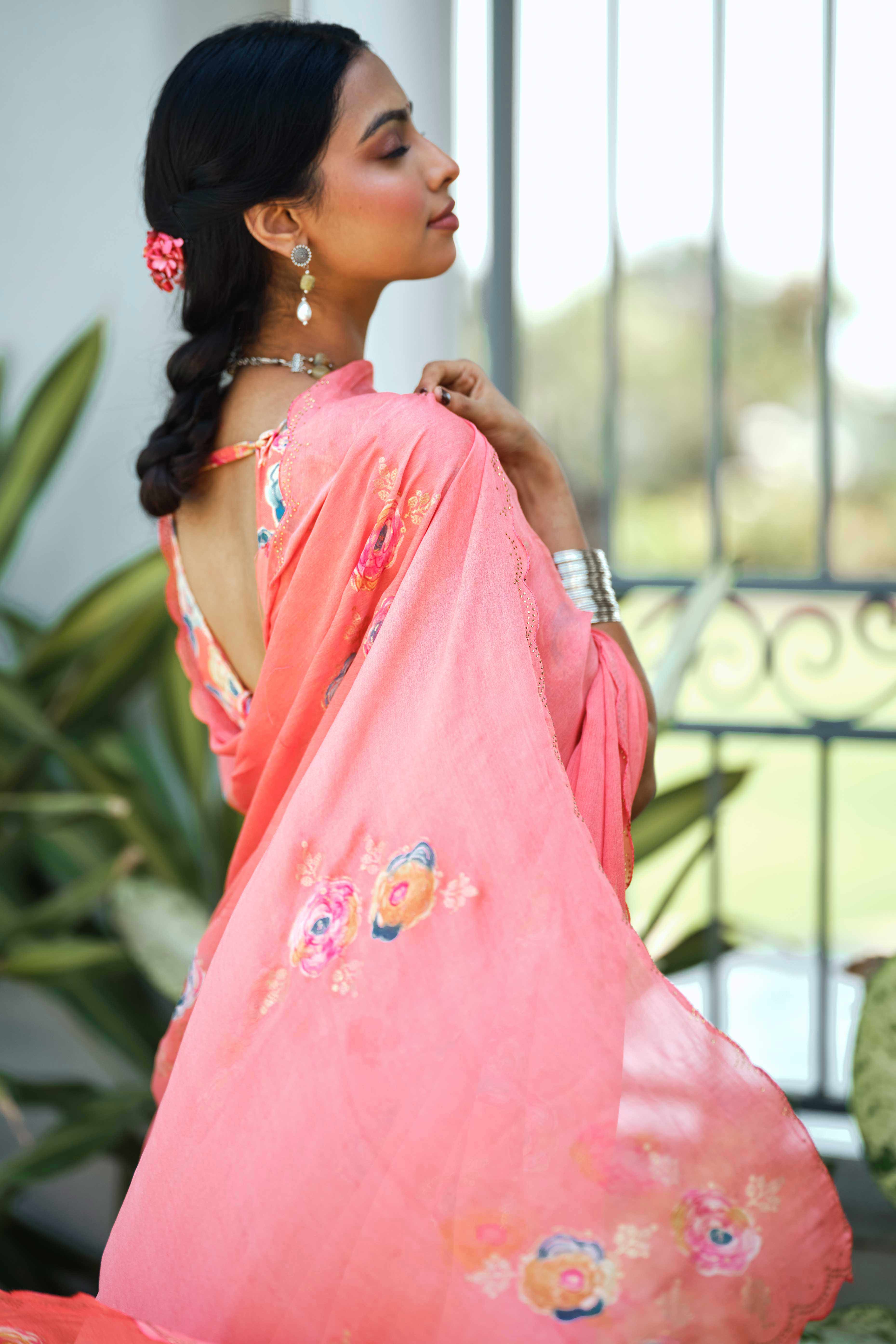 Elegant Peach Chiffon Saree with Floral and Foil Print Detailing - Image 4