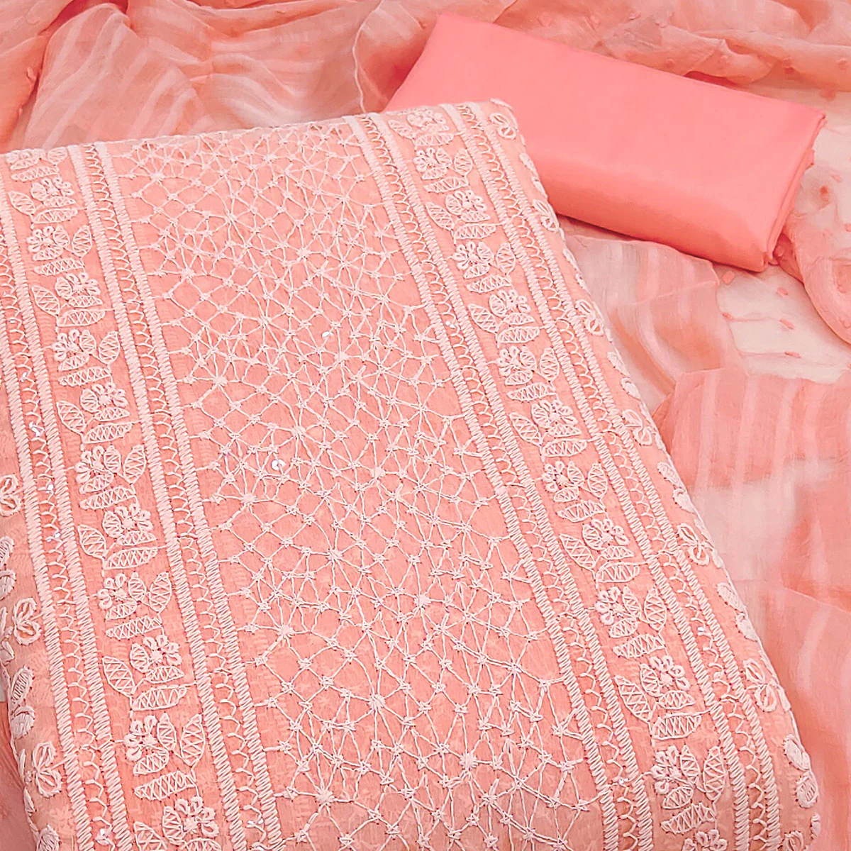 Elegant Peach Floral Embroidered Georgette Dress Material With Delicate Sequins Accents - Image 2