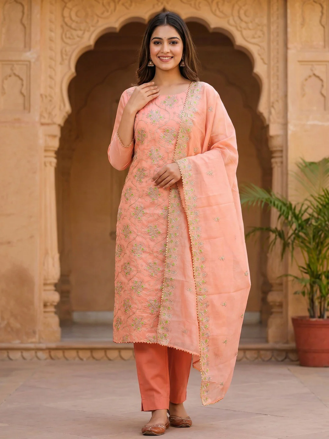 Elegant Peach Floral Thread & Zari Embroidered Chanderi Cotton Dress Material