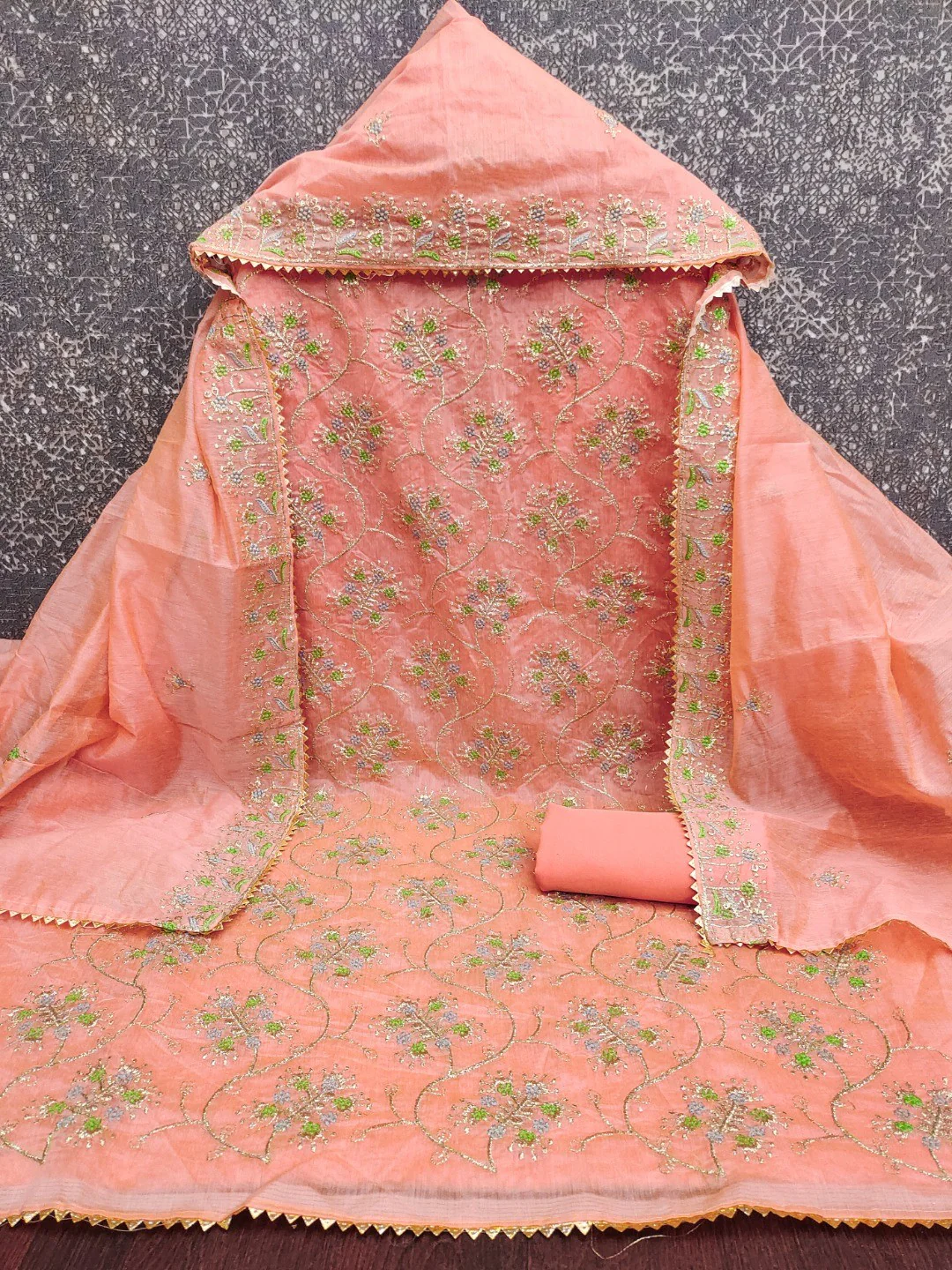 Elegant Peach Floral Thread & Zari Embroidered Chanderi Cotton Dress Material - Image 2