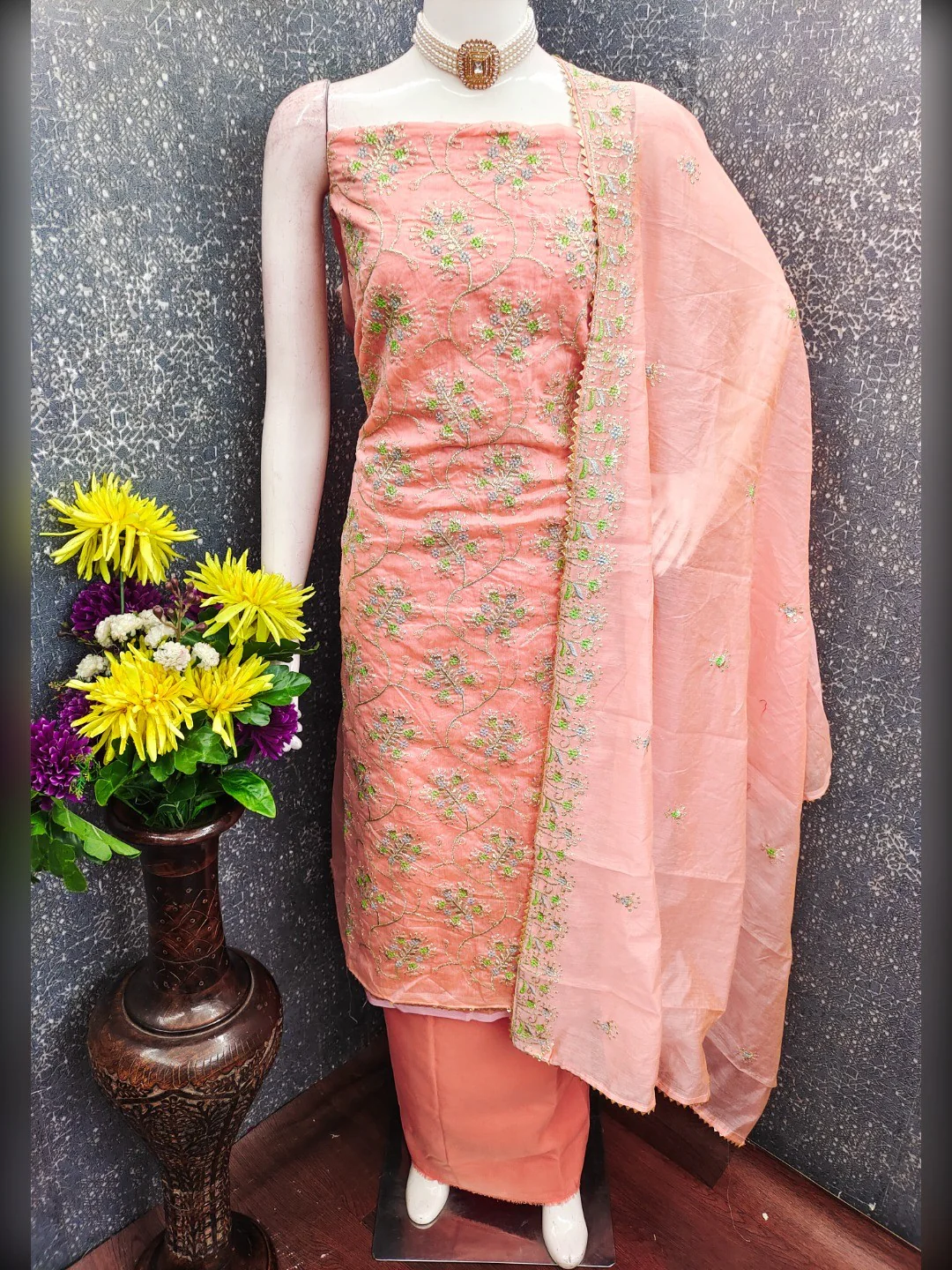 Elegant Peach Floral Thread & Zari Embroidered Chanderi Cotton Dress Material - Image 4