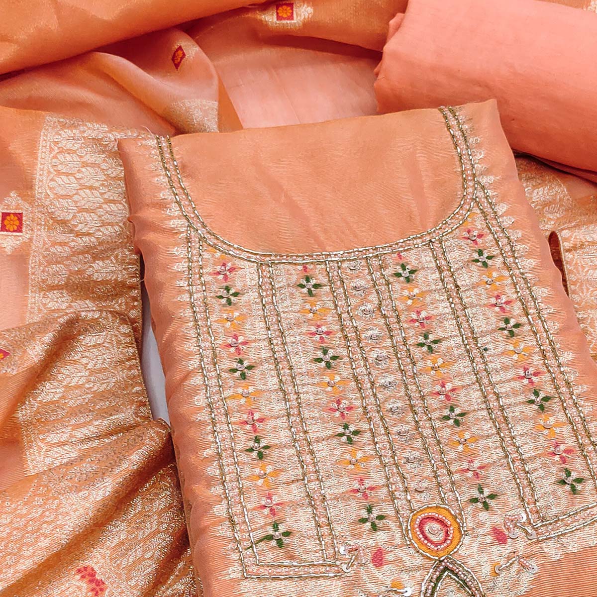 Elegant Peach Floral Weaving Shimmer Banarasi Dress Material With Beads & Sequins Neckline Work - Image 2