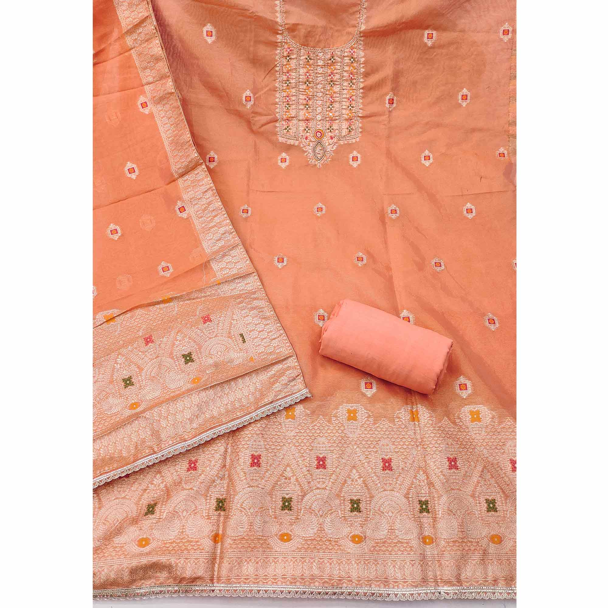 Elegant Peach Floral Weaving Shimmer Banarasi Dress Material With Beads & Sequins Neckline Work - Image 4