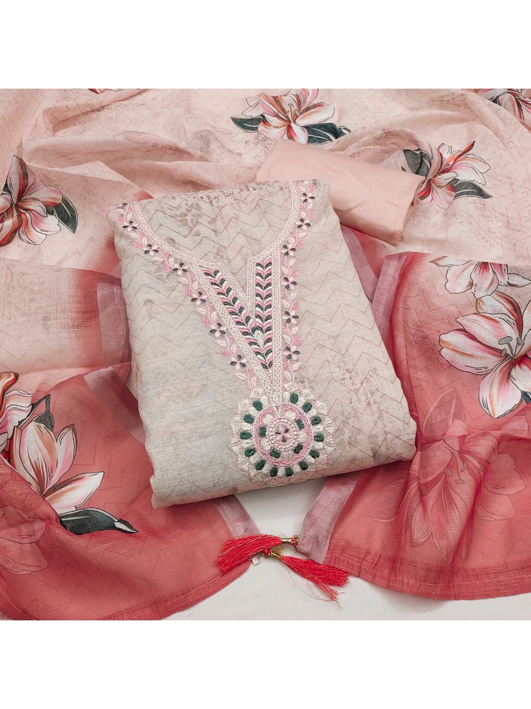 Elegant Peach Linen Dress Material with Floral Thread Work and Dupatta - Image 4