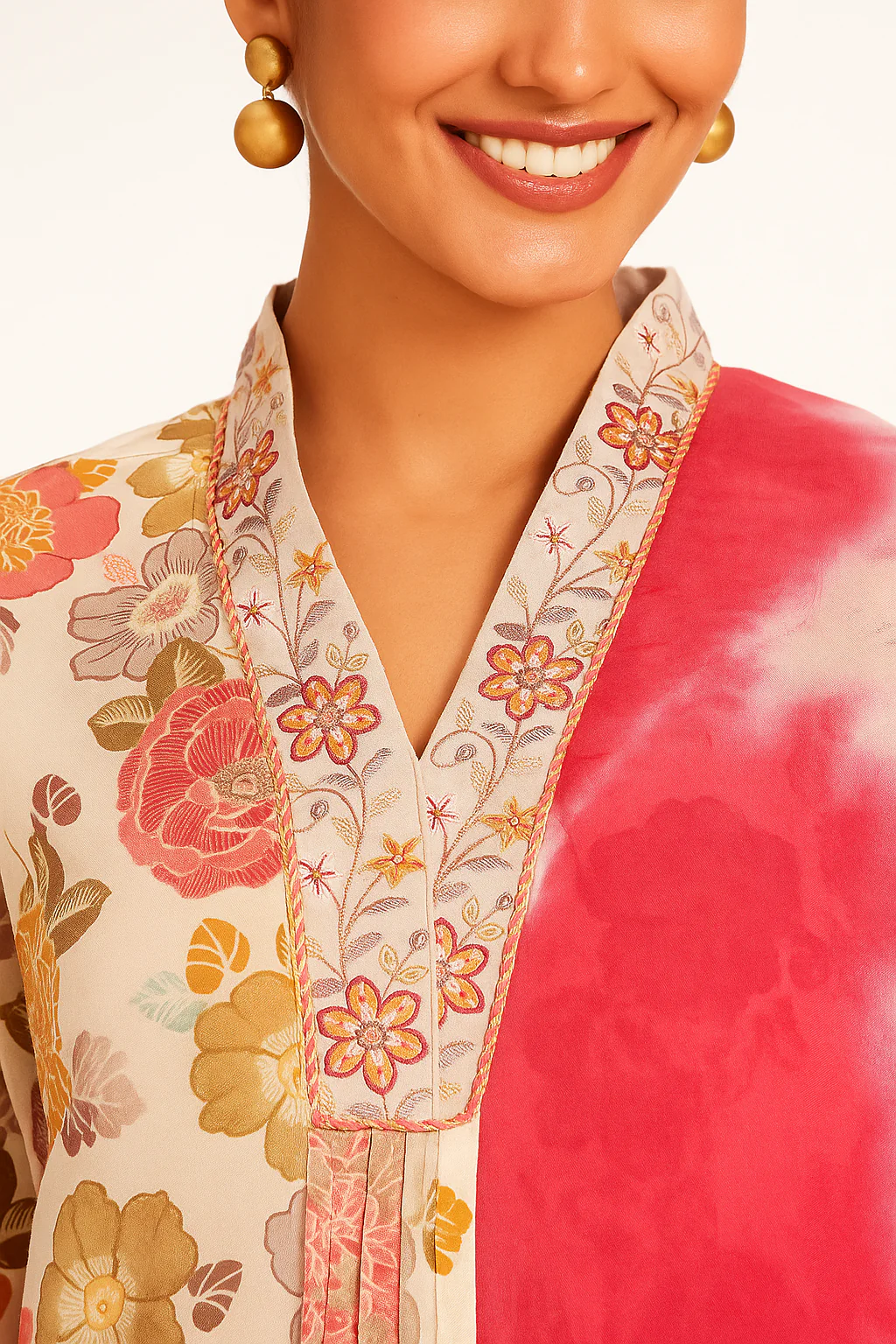 Elegant Peach Pure Cotton Salwar Suit Featuring Floral Print & Sequin Embroidered Neckline - Image 2