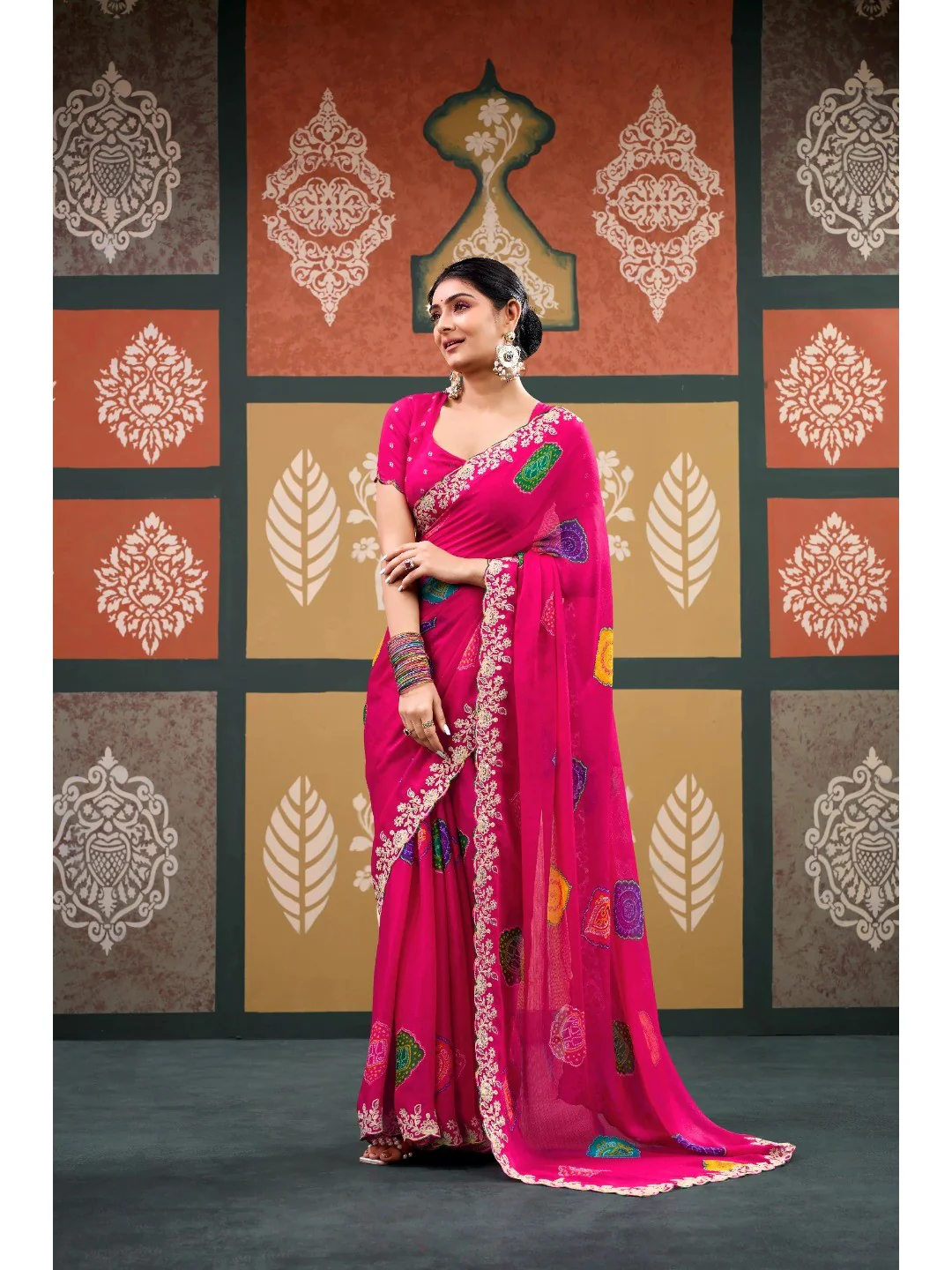 Elegant Pink Bandhani Printed Chiffon Saree with Embroidery Work