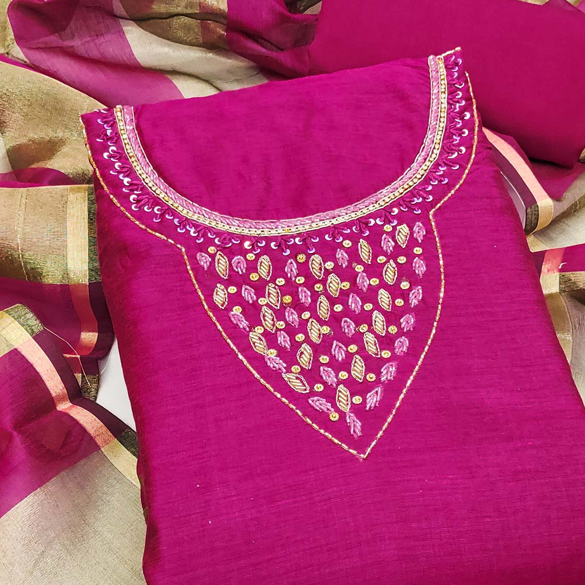 Elegant Pink Beads & Sequins Handwork Chanderi Cotton Dress Material With Weaving Striped Pattern - Image 2