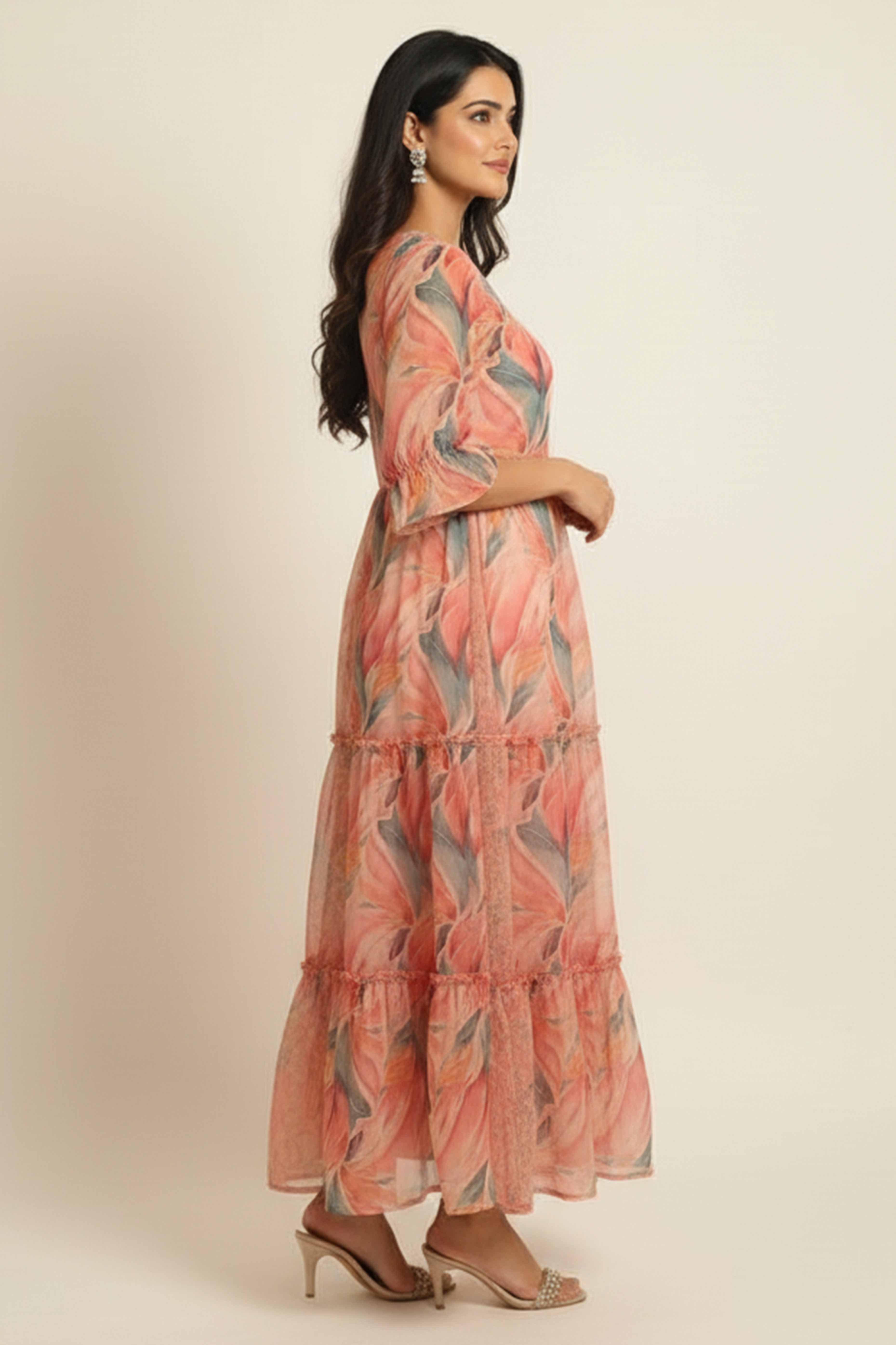 Elegant Pink Chiffon Maxi Dress Adorned With Floral Prints - Image 4