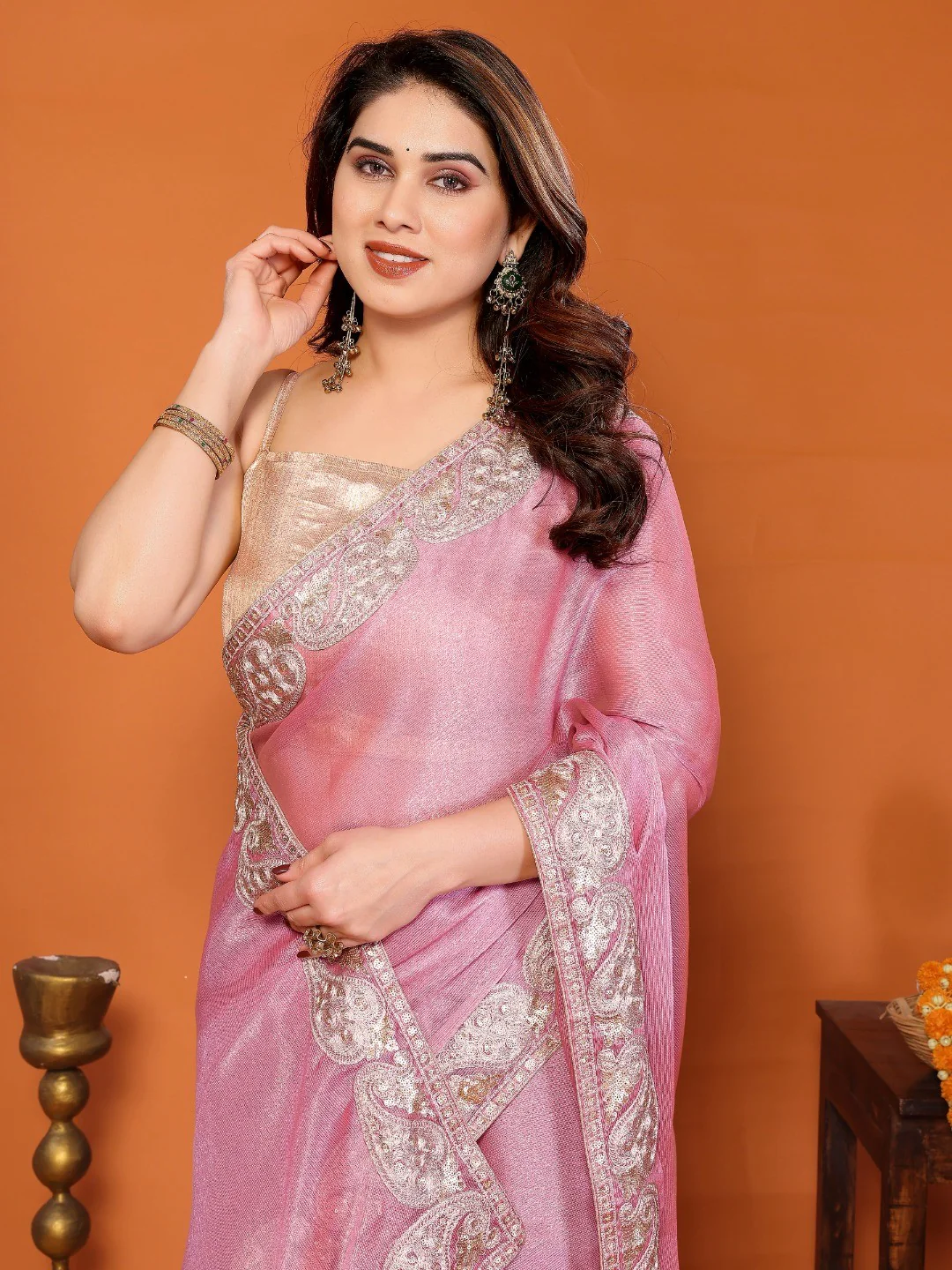 Elegant Pink Chiffon Saree Featuring Shimmering Sequins Cording Embroidered Work - Image 3