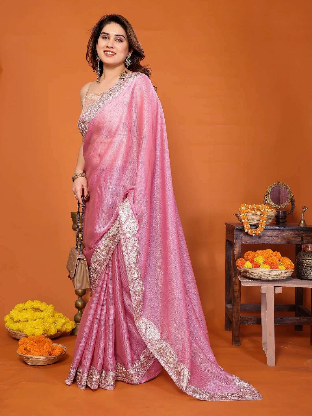 Elegant Pink Chiffon Saree Featuring Shimmering Sequins Cording Embroidered Work - Image 5