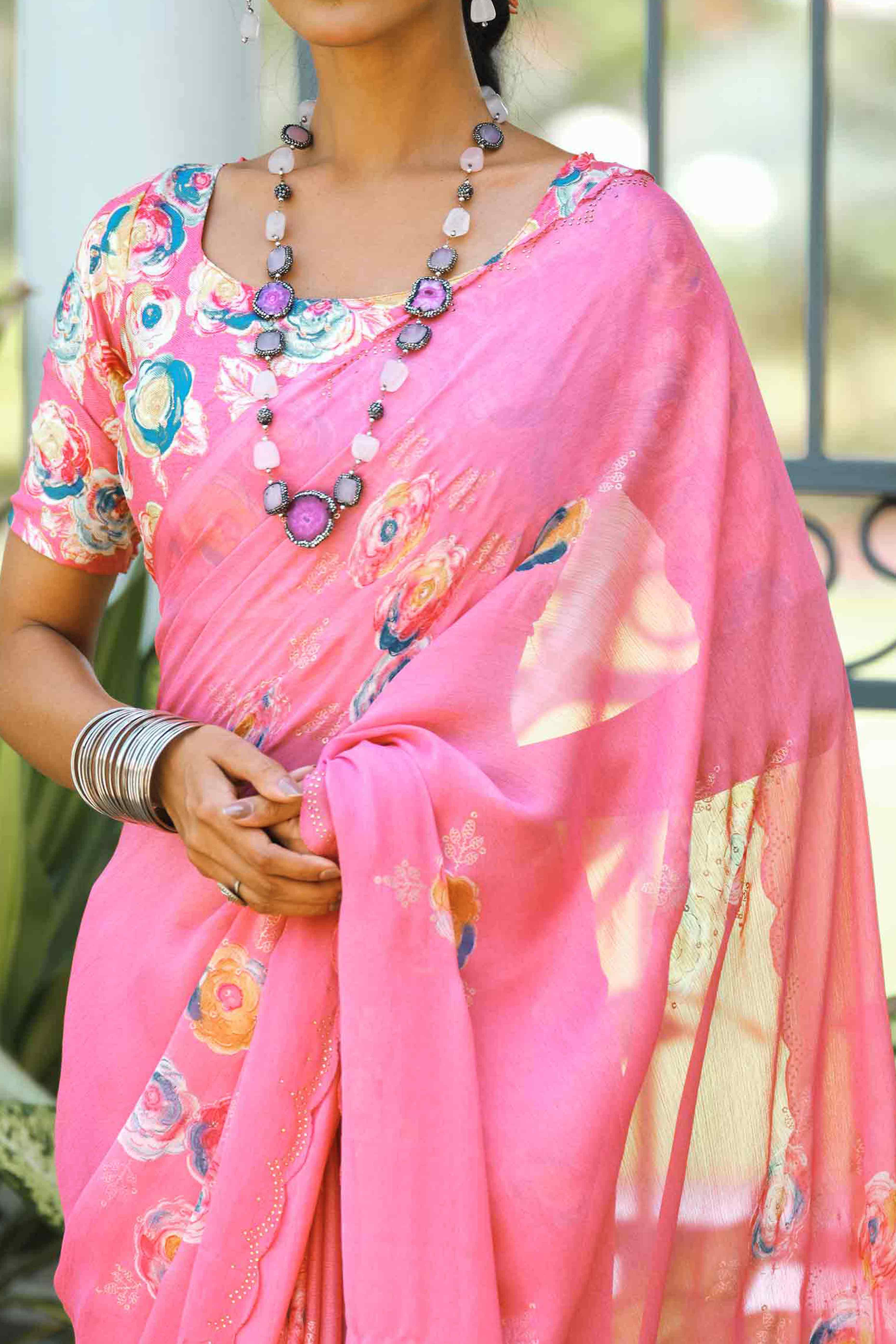 Elegant Pink Chiffon Saree with Floral and Foil Print Detailing - Image 2