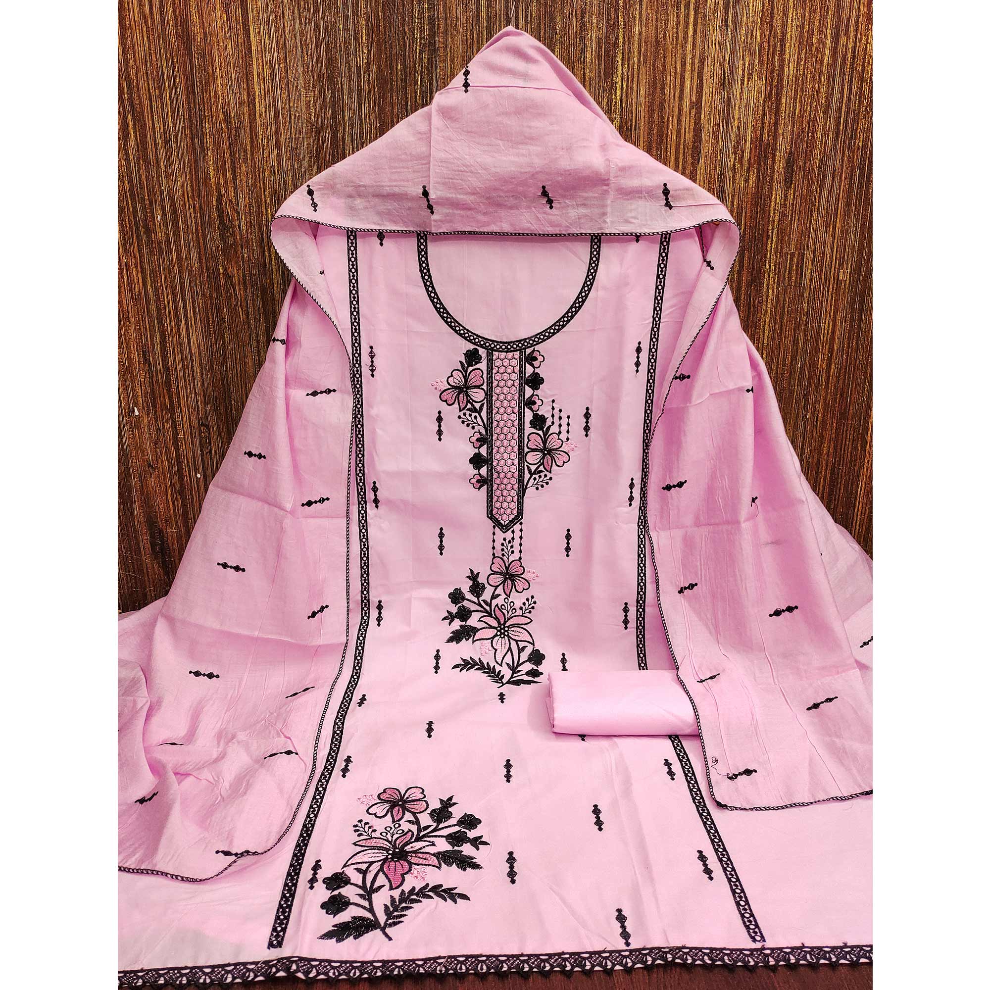 Elegant Pink Cotton Blend Dress Material with Delicate Thread Embroidered Detailing - Image 3