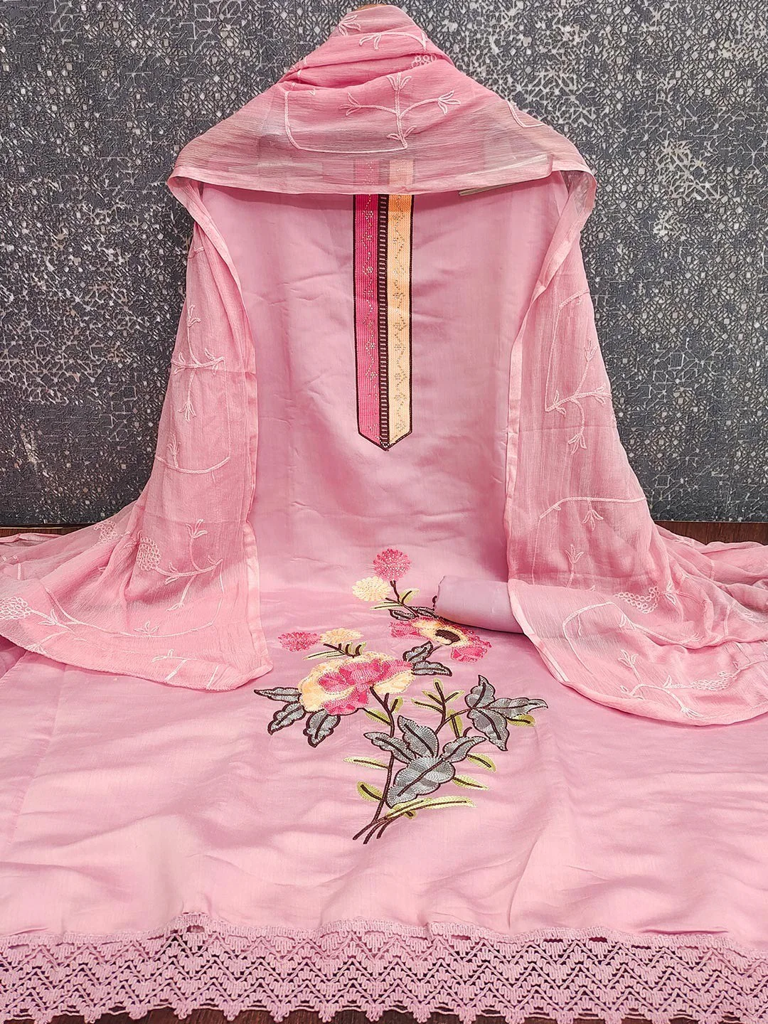 Elegant Pink Floral Embroidery Roman Art  Silk Dress Material With Sparkling Swarovski - Image 2