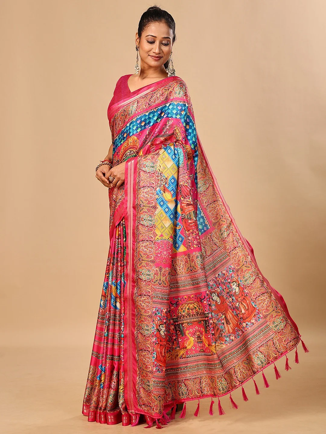 Elegant Pink Floral & Paisley Digital Printed Tussar Silk Saree with Tassels Pallu - Image 4