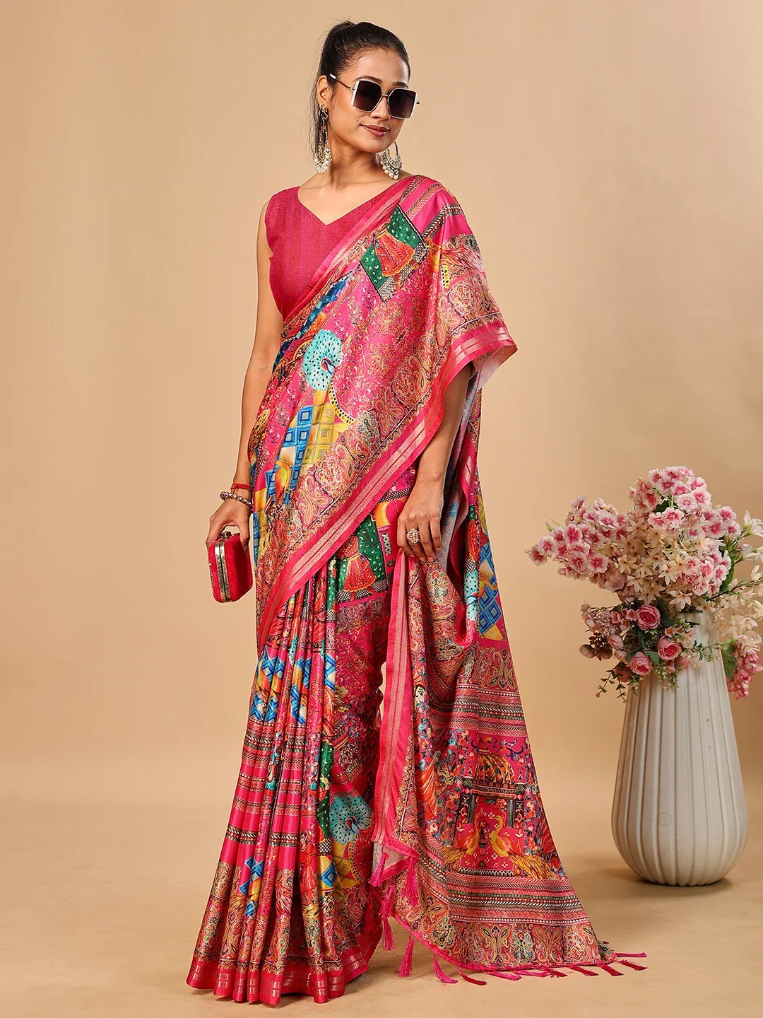 Elegant Pink Floral & Paisley Digital Printed Tussar Silk Saree with Tassels Pallu - Image 5